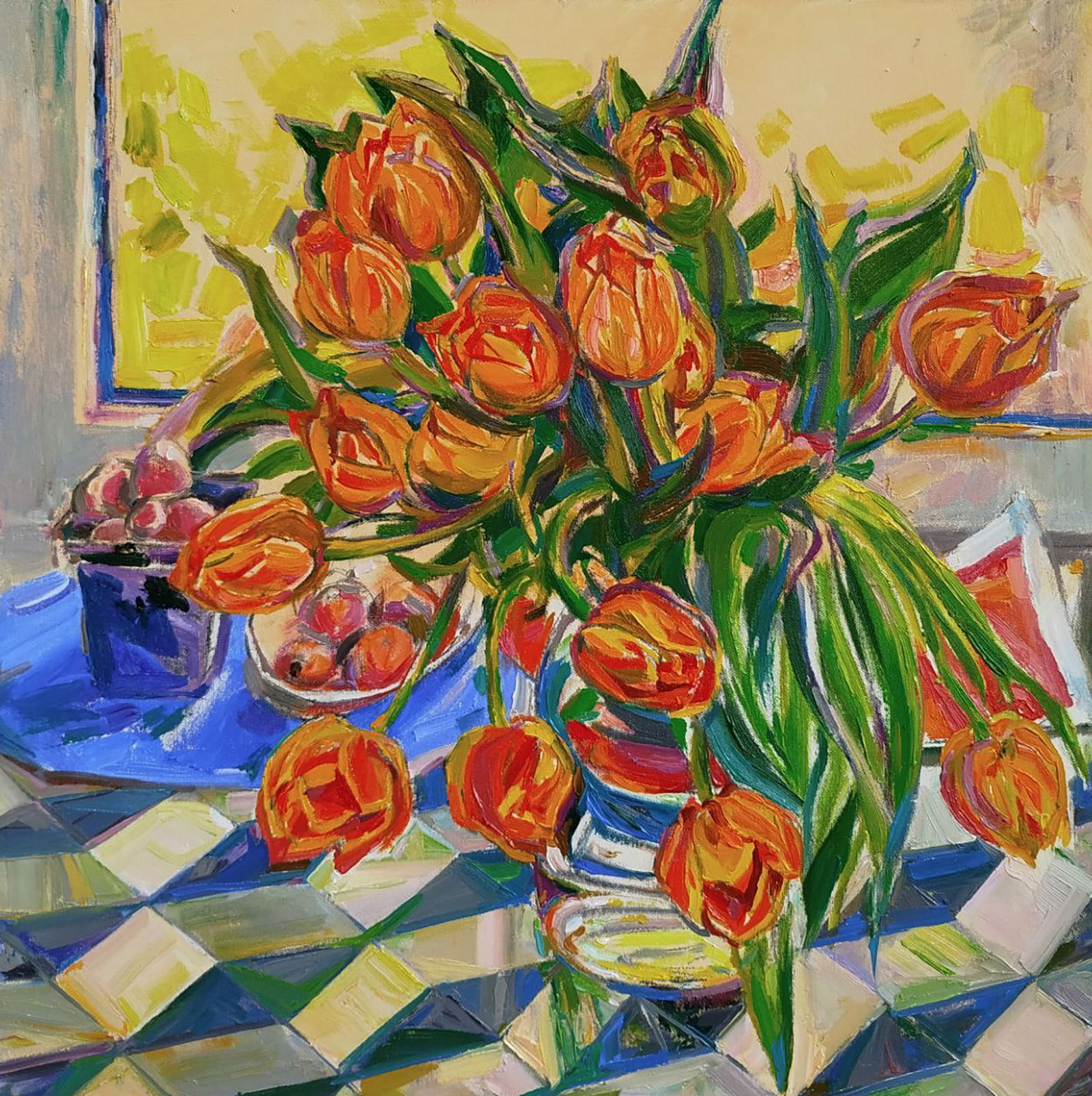 Oil painting A bouquet of morning tulips Leonid Pavlenko: Title: Oil painting A bouquet of morning tulips Leonid Pavlenko Description: 197PAVL Painter: Leonid Pavlenko Size: 50x50 cm/19.68x19.68 inches Components: oil, canvas Original painting CONDITION: exc