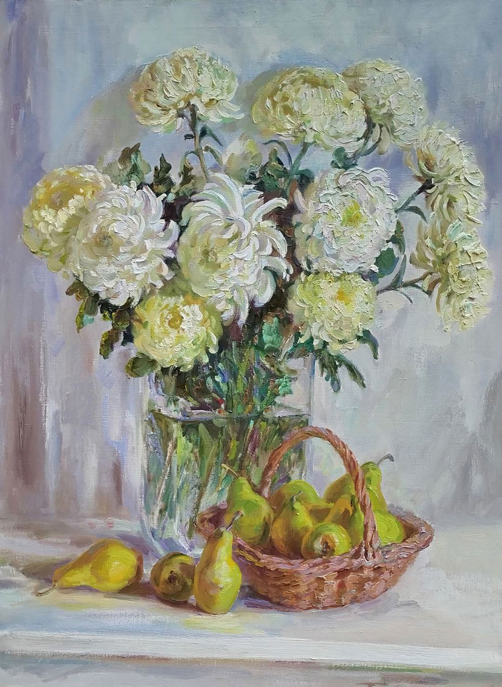 Oil painting Pears with flowers Leonid Pavlenko: Title: Oil painting Pears with flowers Leonid Pavlenko Description: 200PAVL Painter: Leonid Pavlenko Size: 80x60 cm/31.49x23.62 inches Components: oil, canvas Original painting CONDITION: excellent AR