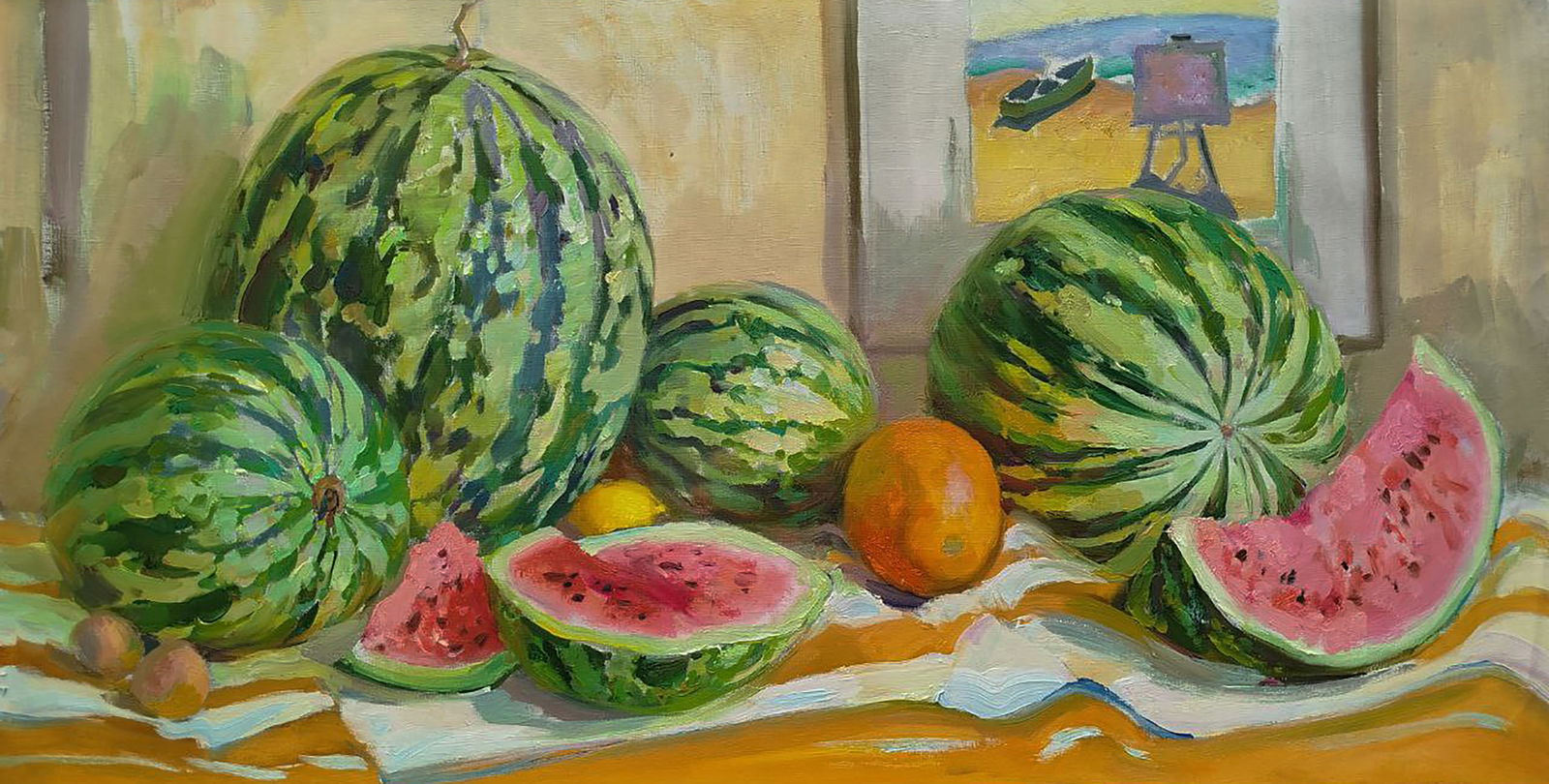 Oil painting Table of watermelons Leonid Pavlenko: Title: Oil painting Table of watermelons Leonid Pavlenko Description: 205PAVL Painter: Leonid Pavlenko Size: 47x90 cm/18.50x35.43 inches Components: oil, canvas Original painting CONDITION: excellent