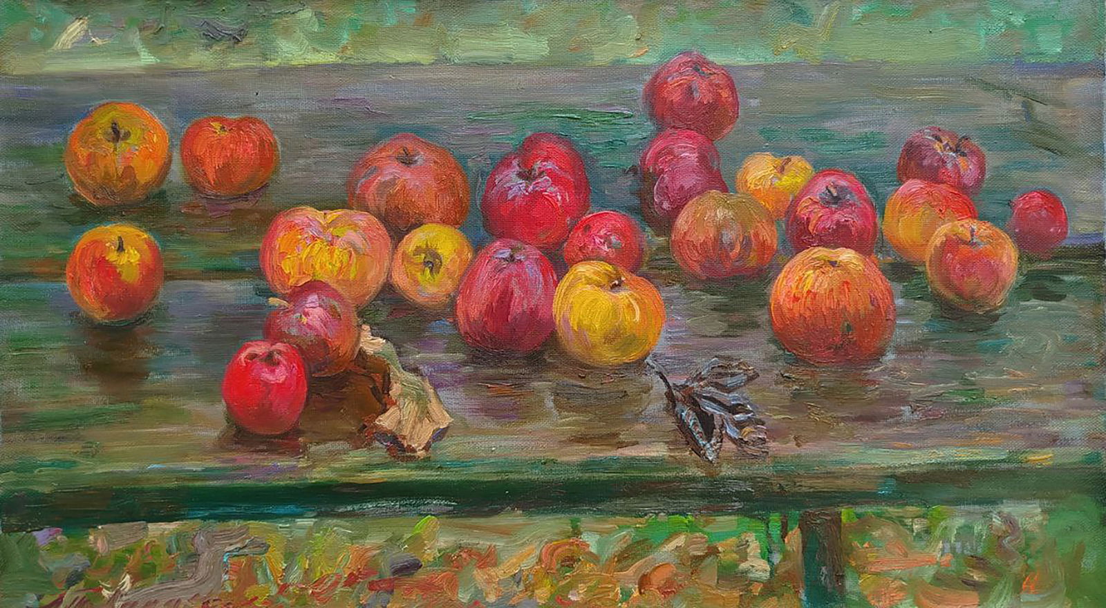 Oil painting Apples after the rain Leonid Pavlenko: Title: Oil painting Apples after the rain Leonid Pavlenko Description: 207PAVL Painter: Leonid Pavlenko Size: 40x70 cm/15.74x27.55 inches Components: oil, canvas Original painting CONDITION: excellent