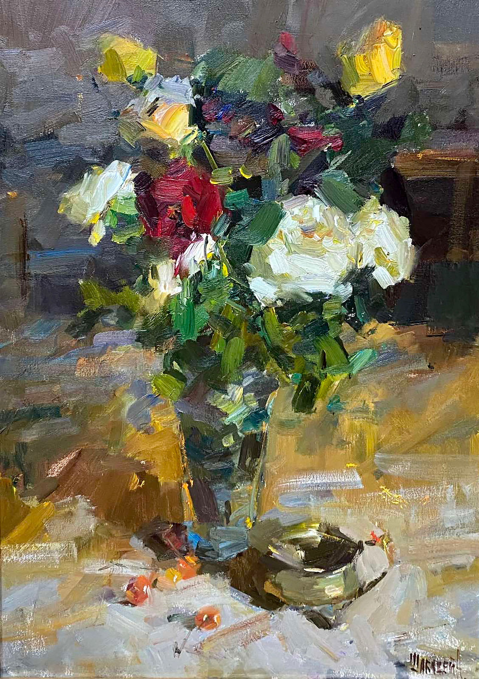 Oil painting Roses on the table Alexander Shabadey: Title: Oil painting Roses on the table Alexander Shabadey Description: 31POLT Painter: Alexander Shabadey Size: 50x70 cm/19.68x27.55 inches Components: oil, canvas Original painting CONDITION: excelle