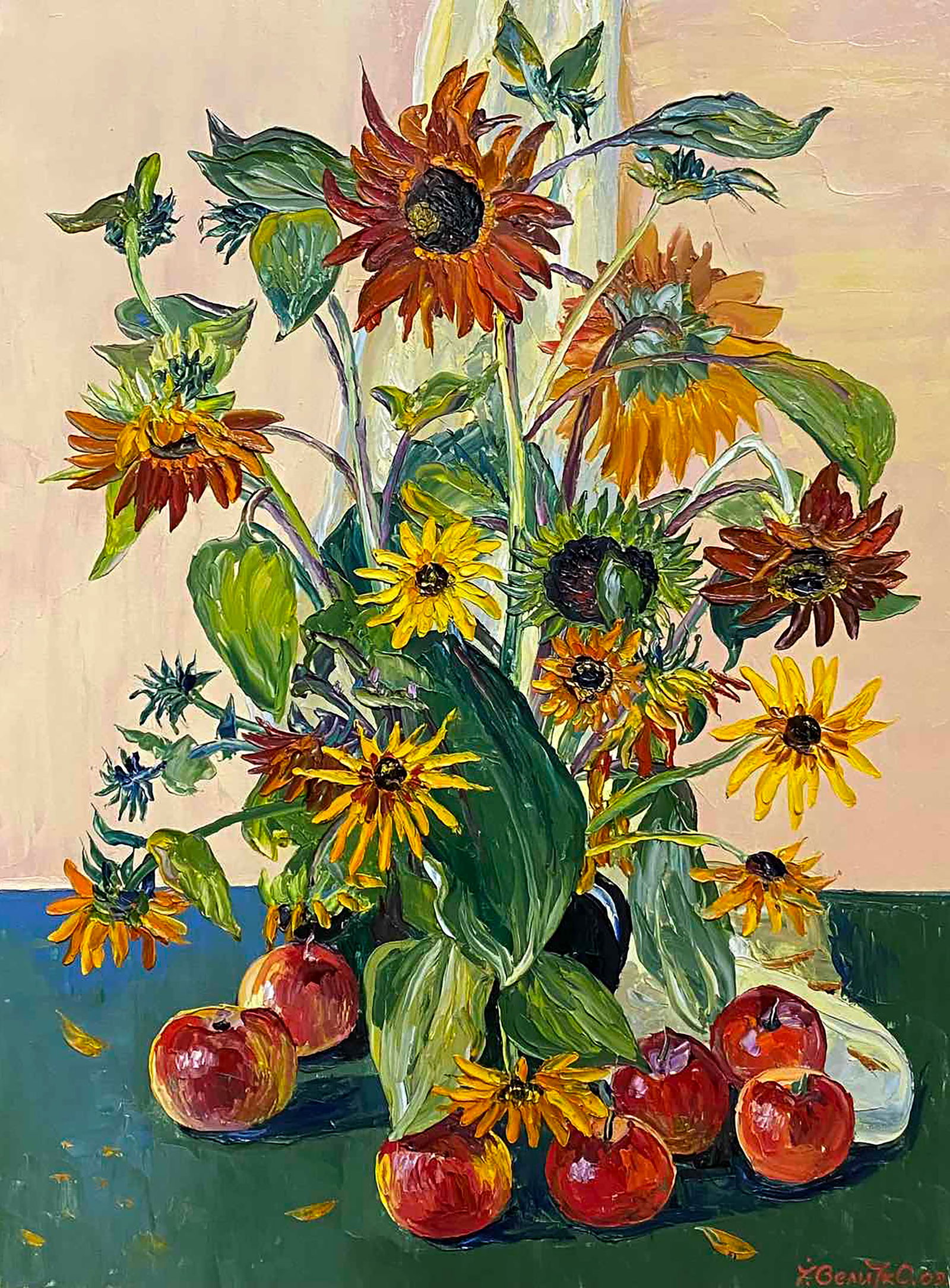 Oil painting Sunflowers and apples Igor Velichko: Title: Oil painting Sunflowers and apples Igor Velichko Description: 58POLT Painter: Igor Velichko Size: 80x60 cm/31.49x23.62 inches Components: oil, canvas Original painting CONDITION: excellent ARTI