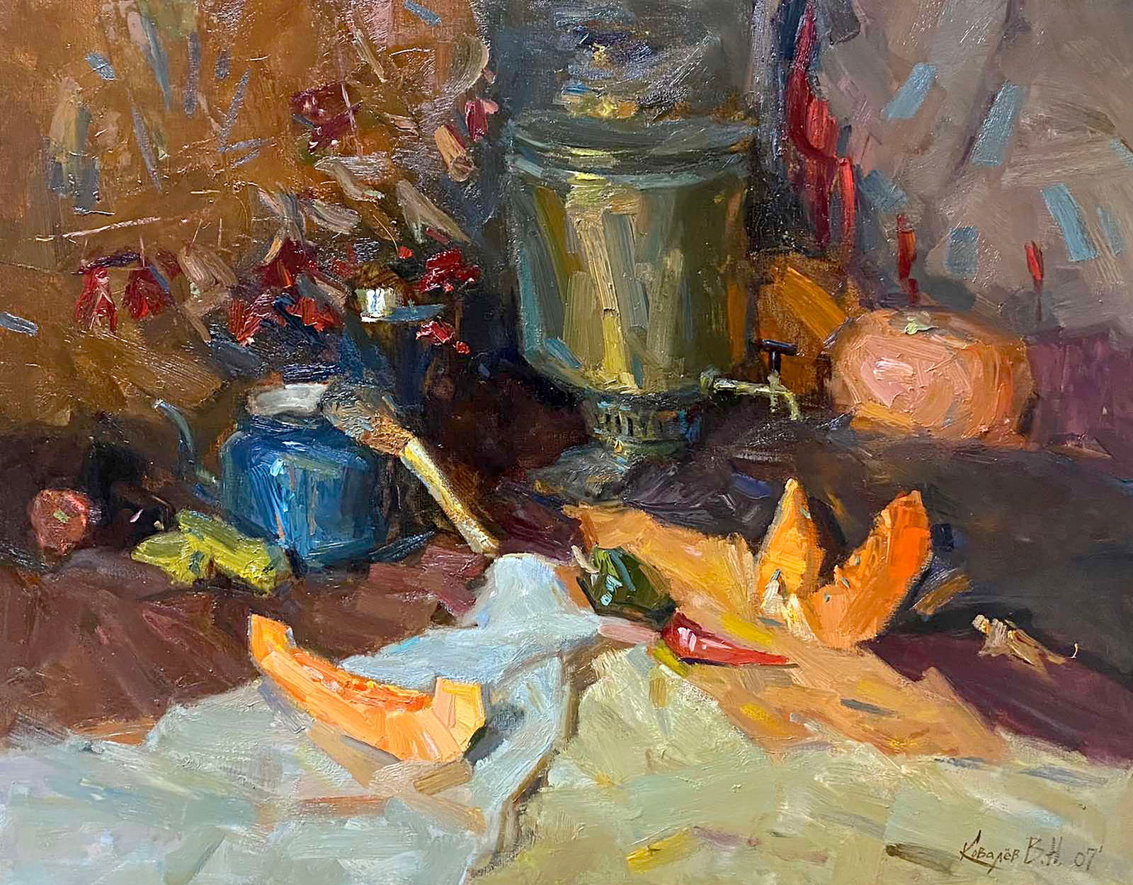 Oil painting Still life with samovar Vladimir Kovalev: Title: Oil painting Still life with samovar Vladimir Kovalev Description: 59POLT Painter: Vladimir Kovalev Size: 75x95 cm/29.52x37.40 inches Components: oil, canvas Original painting CONDITION: excell