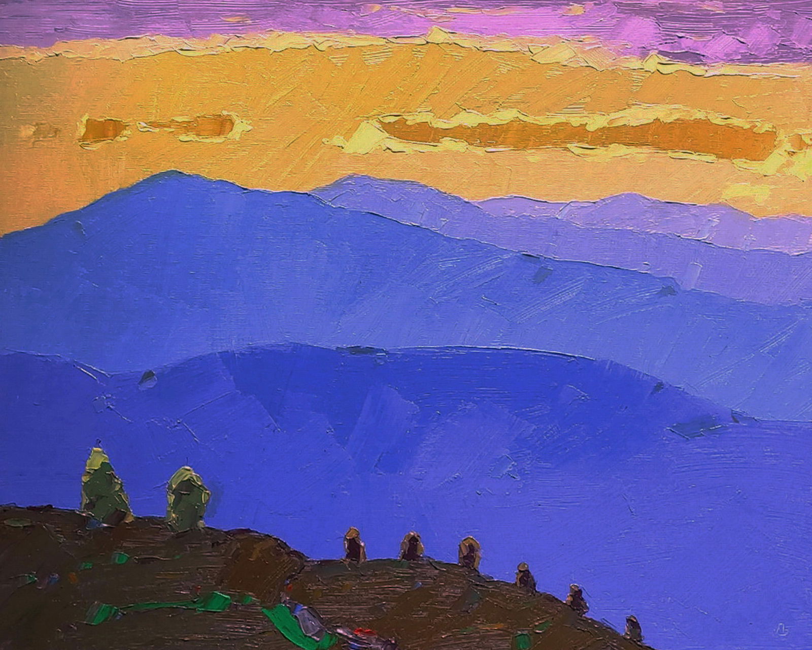 Oil painting Mountain sunset Yaroslav Savchyn: Title: Oil painting Mountain sunset Yaroslav Savchyn Description: 97SAVCH Painter: Yaroslav Savchyn Size: 40x50 cm/15.74x19.68 inches Components: oil, canvas on cardboard Original painting CONDITION: