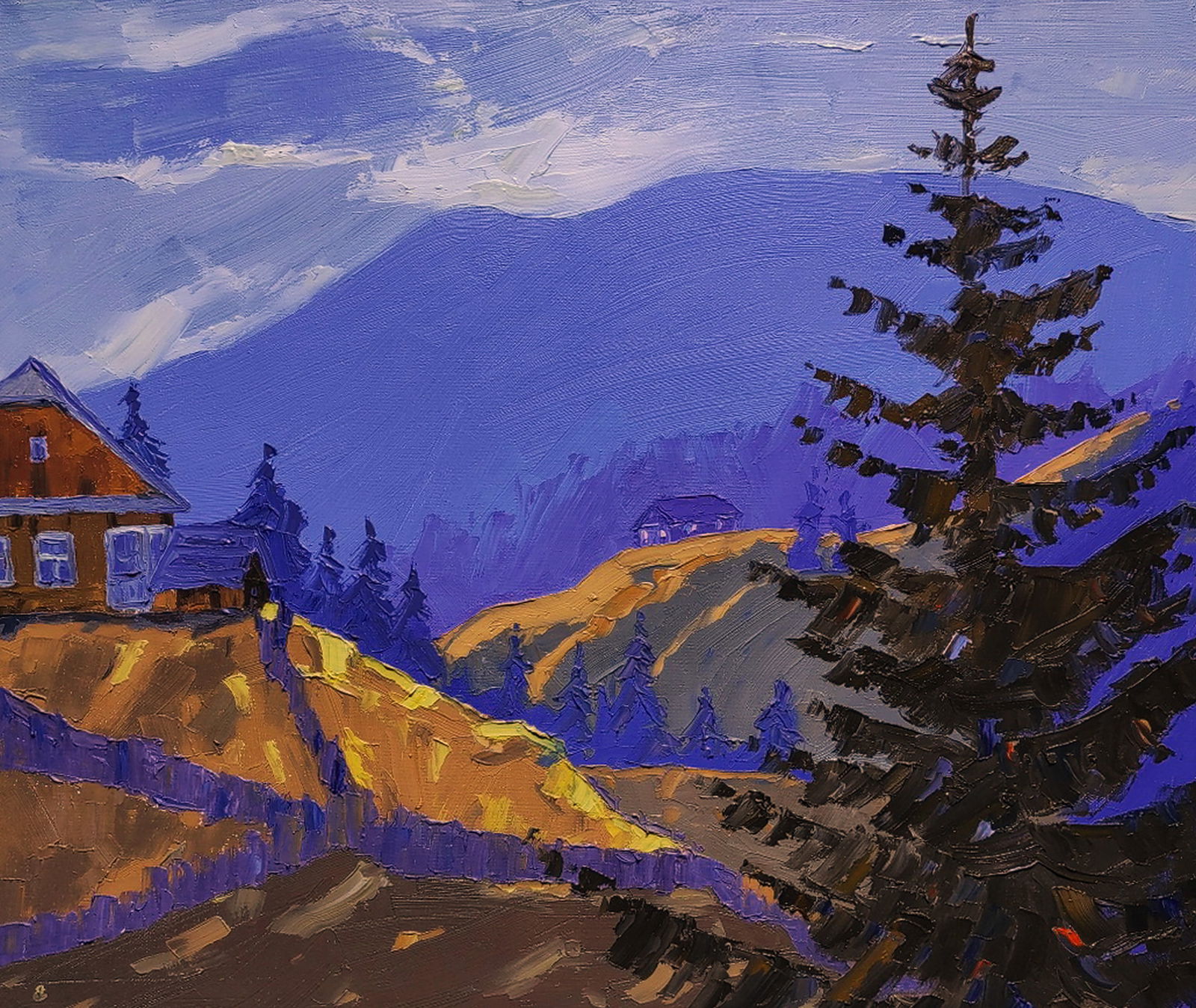 Oil painting Cottages in the mountains Yaroslav Savchyn: Title: Oil painting Cottages in the mountains Yaroslav Savchyn Description: 100SAVCH Painter: Yaroslav Savchyn Size: 51x61 cm/20.07x24.01 inches Components: oil, canvas Original painting CONDITION: