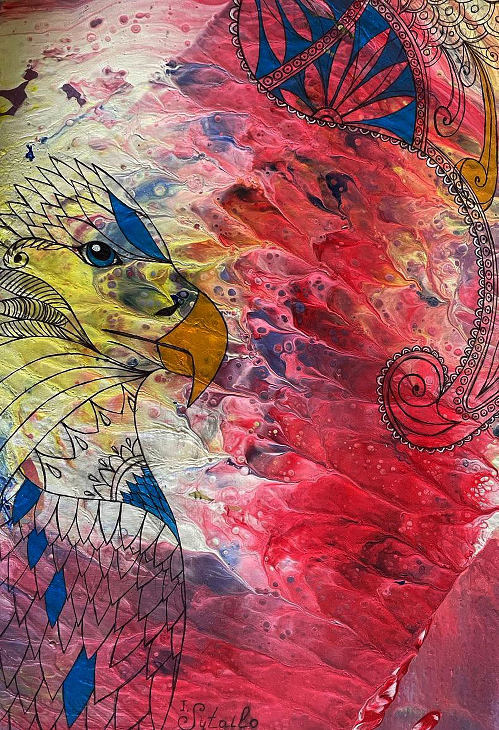 Acrylic painting Awakening of the Eagle Irina Sitaylo: Title: Acrylic painting Awakening of the Eagle Irina Sitaylo Description: 11SITA Painter: Irina Sitaylo Size: 30x42 cm/11.81x16.53 inches Components: acrylic, cardboard Original painting CONDITION: