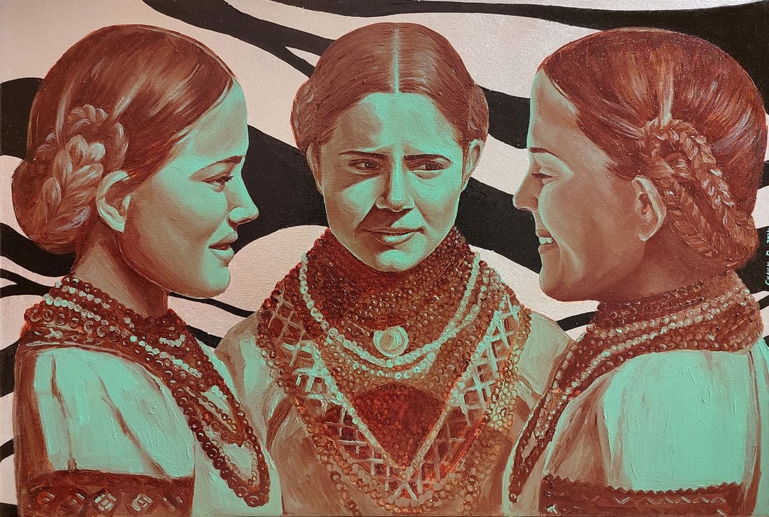 Oil painting Portrait of girls in conversation Oksana Sklym: Title: Oil painting Portrait of girls in conversation Oksana Sklym Description: 8SKLIM Painter: Oksana Sklym Size: 40x60 cm/15.74x23.62 inches Components: oil, acrylic, gold leaf, varnish,canvas