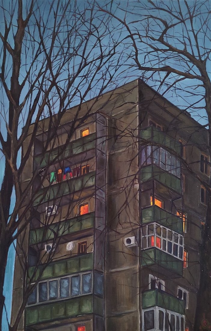 Oil painting City night house Oksana Sklym: Title: Oil painting City night house Oksana Sklym Description: 10SKLIM Painter: Oksana Sklym Size: 60x40 cm/23.62x15.74 inches Components: oil, canvas Original painting CONDITION: excellent ARTIST: Ok