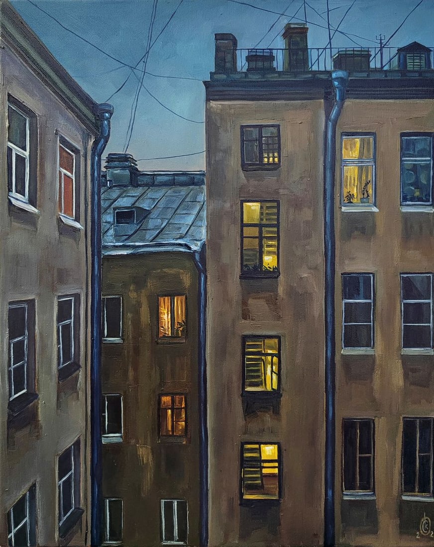 Oil painting Evening has come to the city Oksana Sklym: Title: Oil painting Evening has come to the city Oksana Sklym Description: 11SKLIM Painter: Oksana Sklym Size: 50x40 cm/19.68x15.74 inches Components: oil, canvas Original painting CONDITION: