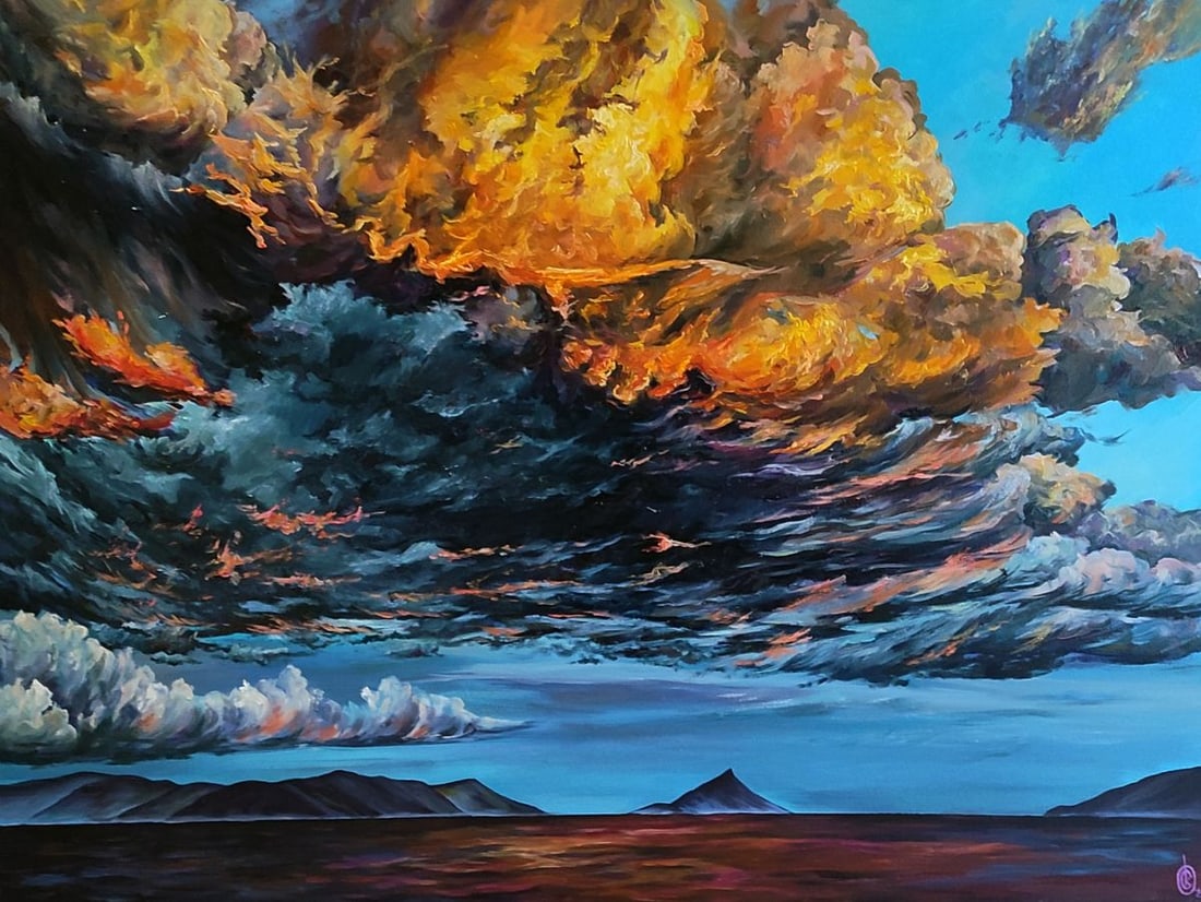 Acrylic painting Fiery daytime clouds Oksana Sklym: Title: Acrylic painting Fiery daytime clouds Oksana Sklym Description: 14SKLIM Painter: Oksana Sklym Size: 60x80 cm/23.62x31.49 inches Components: acrylic, oil, canvas Original painting CONDITION: exc