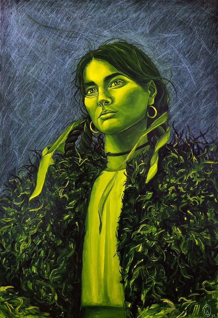 Oil painting Green portrait of a woman Oksana Sklym: Title: Oil painting Green portrait of a woman Oksana Sklym Description: 25SKLIM Painter: Oksana Sklym Size: 60x40 cm/23.62x15.74 inches Components: oil, canvas Original painting CONDITION: excellent A