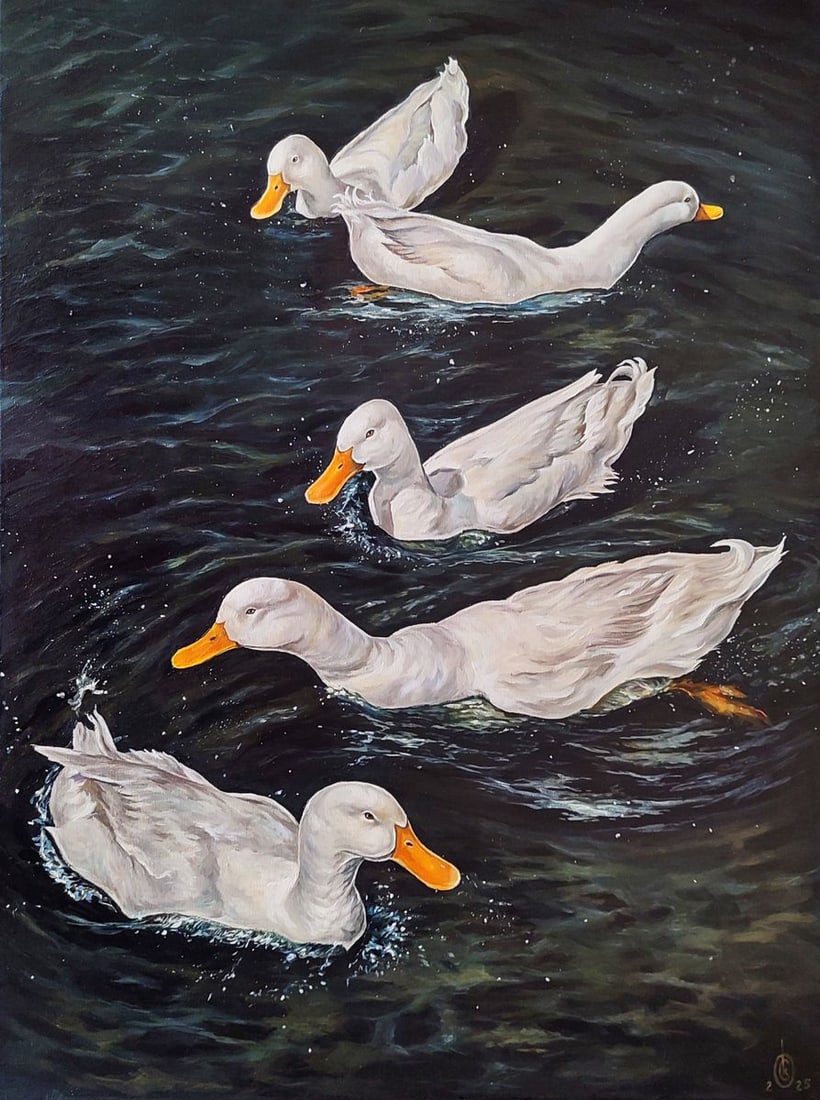 Oil painting Ducks are swimming in the lake Oksana Sklym: Title: Oil painting Ducks are swimming in the lake Oksana Sklym Description: 26SKLIM Painter: Oksana Sklym Size: 80x60 cm/31.49x23.62 inches Components: oil, canvas Original painting CONDITION: