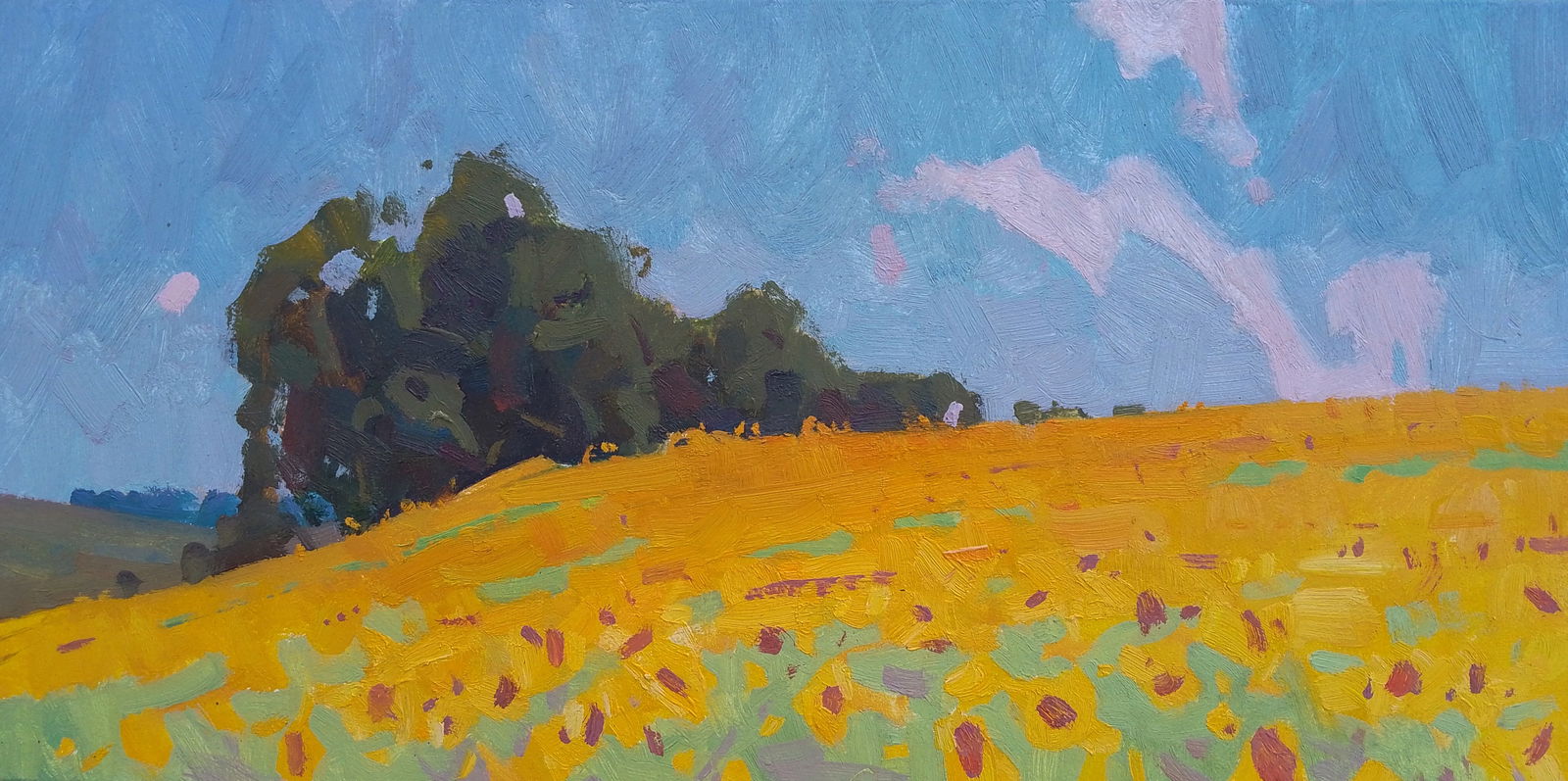 Oil painting Sunflower field Igor Tuzhikov: Title: Oil painting Sunflower field Igor Tuzhikov Description: 10TUZHIK Painter: Igor Tuzhikov Size: 20x40 cm/7.87x15.74 inches Components: oil, cardboard Original painting CONDITION: excellent ARTIST