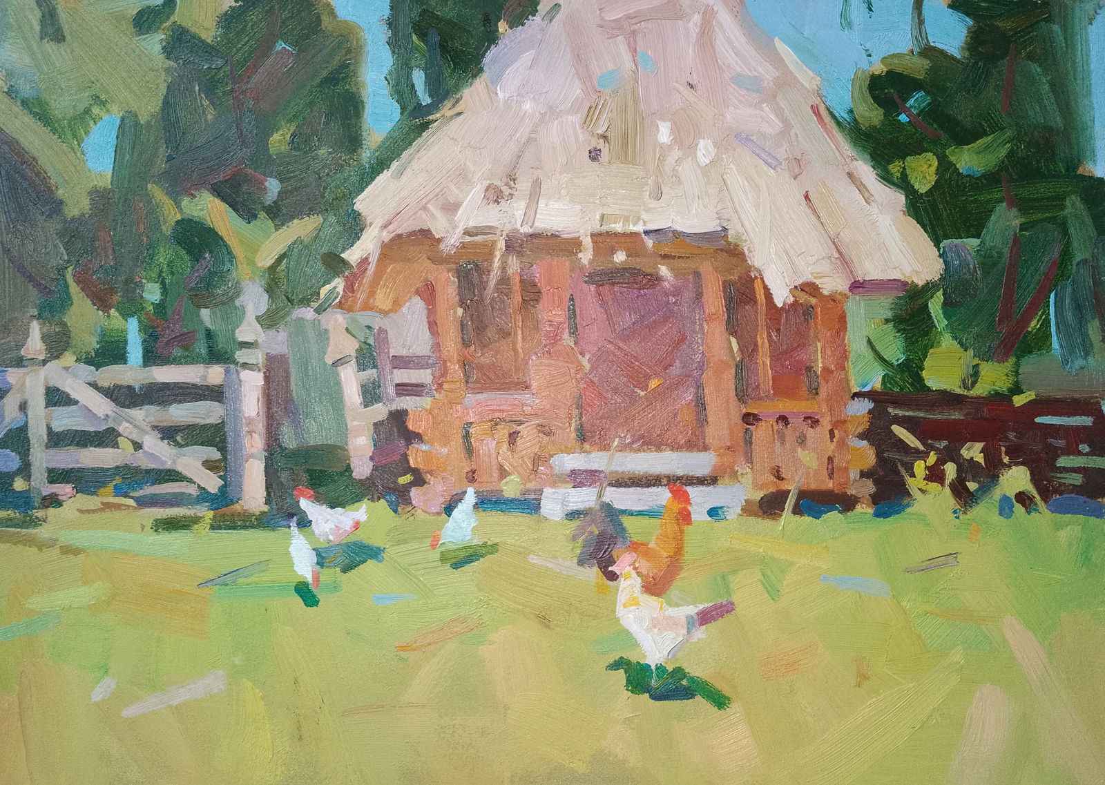 Oil painting Country chickens Igor Tuzhikov: Title: Oil painting Country chickens Igor Tuzhikov Description: 28TUZHIK Painter: Igor Tuzhikov Size: 25x35 cm/9.84x13.77 inches Components: oil, cardboard Original painting CONDITION: excellent 