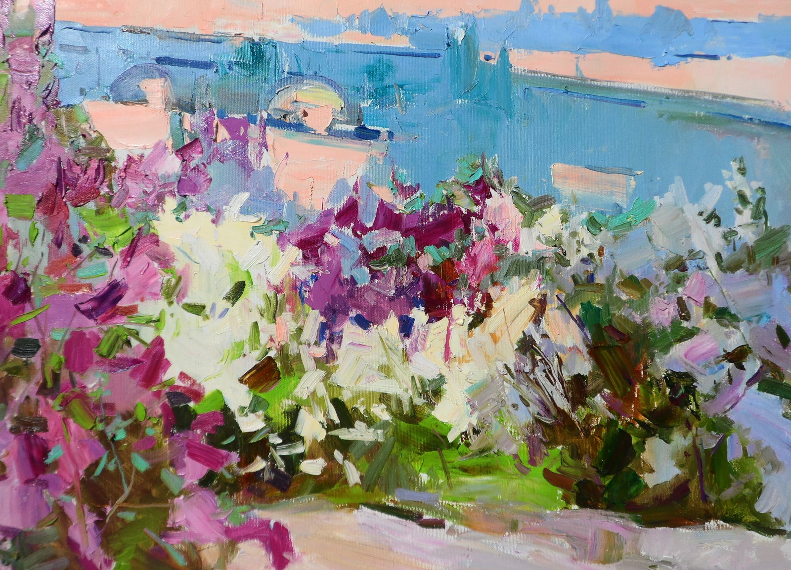 Oil painting Lilac Garden Near the Bridge Yegor Dulin - 2