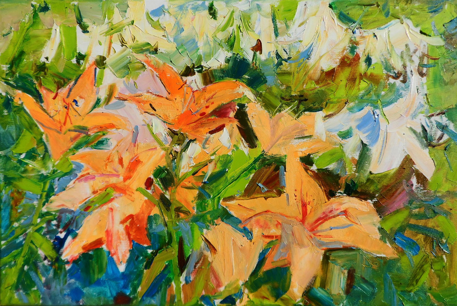 Oil painting Orange and White Lilies flowers Yegor Dulin: Title: Oil painting Orange and White Lilies flowers Yegor Dulin Description: 9DUL Painter: Yegor Dulin Size: 40?60 cm/15.74x23.62 inches Components: oil, canvas Original painting CONDITION: excellent