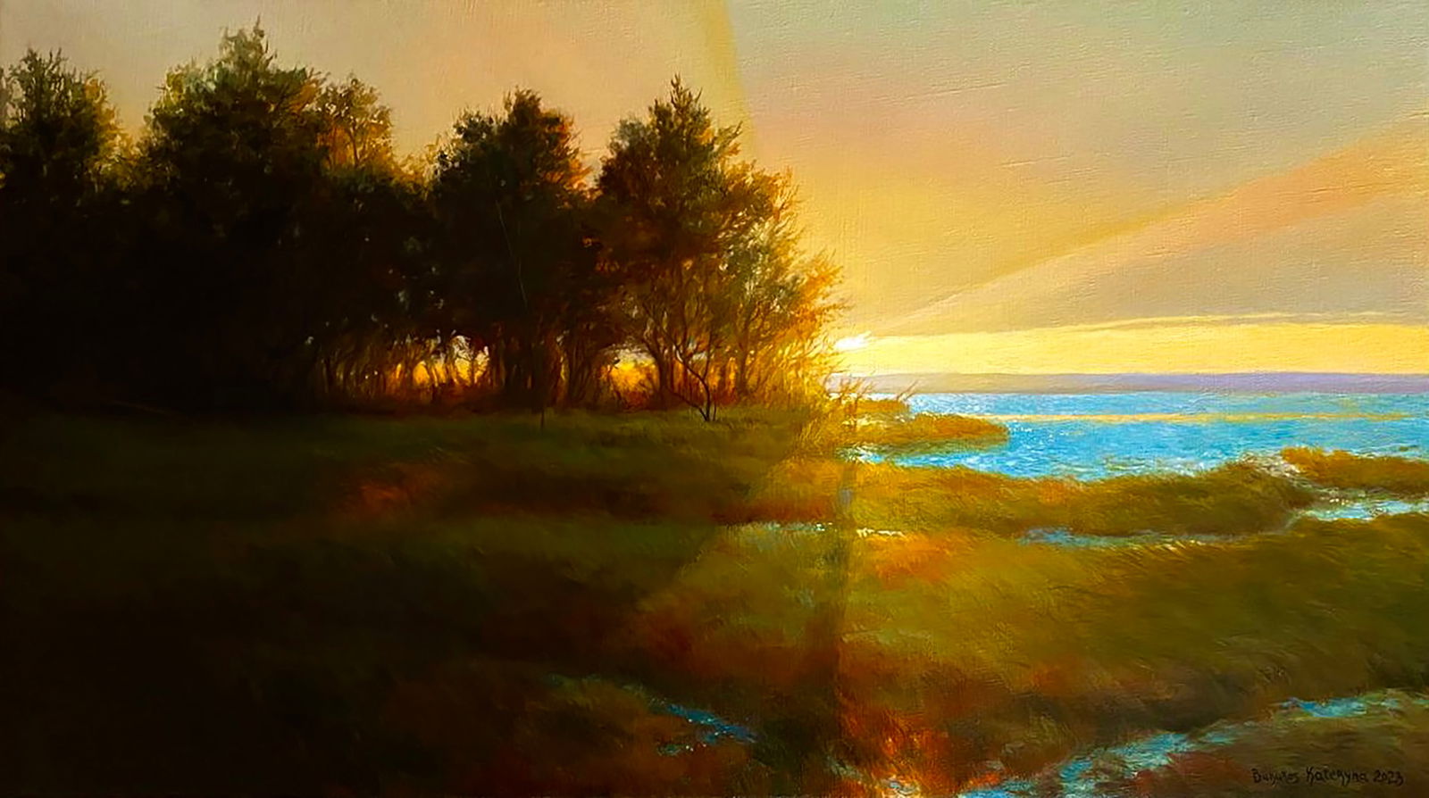 Oil painting Evening landscape Kateryna Bukuros: Title: Oil painting Evening landscape Kateryna Bukuros Description: 3BUKUR Painter: Kateryna Bukuros Size: 45?80 cm/17.71x31.49 inches Components: oil, canvas Original painting CONDITION: excellent AR