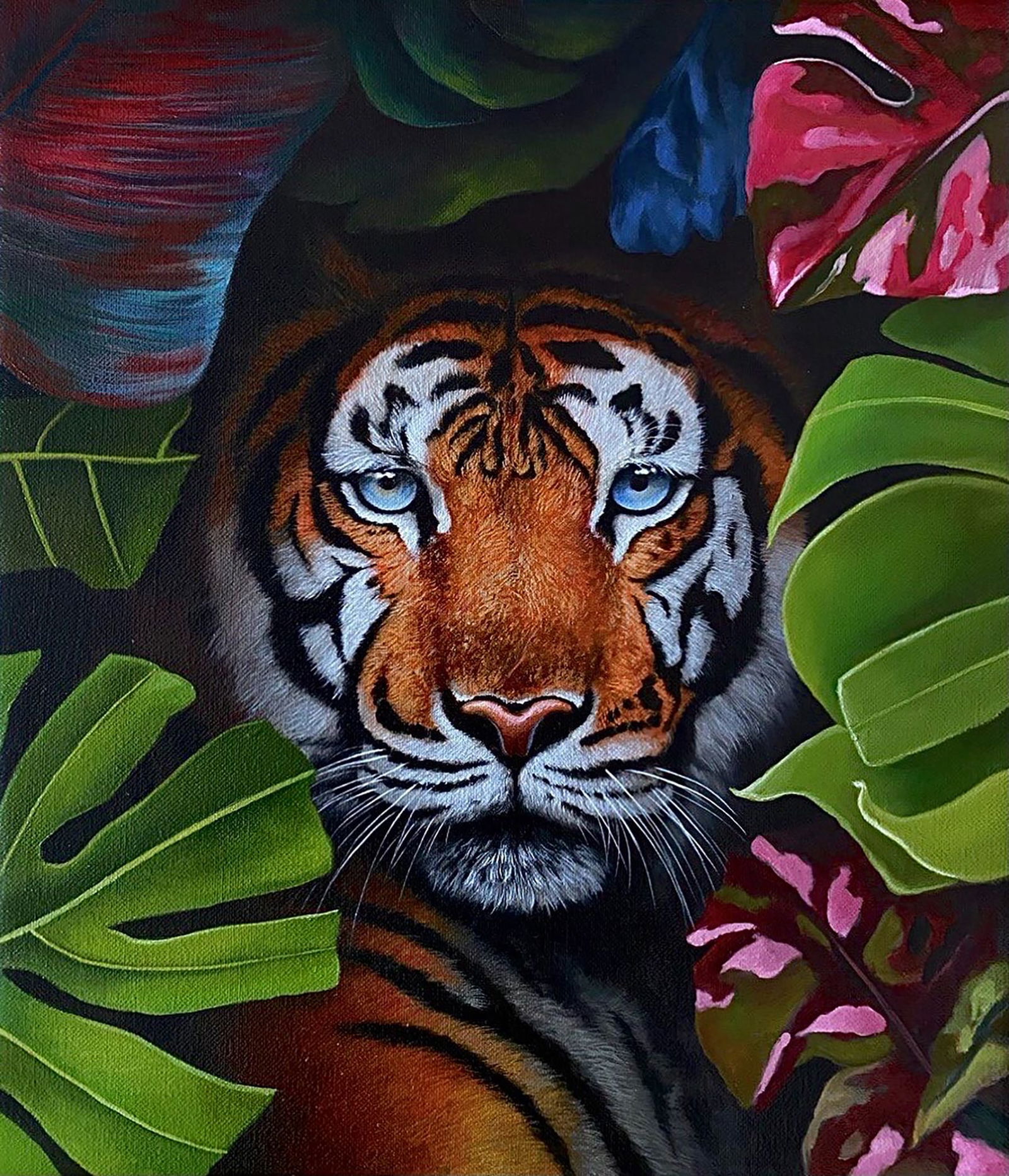 Oil painting Tiger in the bushes Kateryna Bukuros: Title: Oil painting Tiger in the bushes Kateryna Bukuros Description: 12BUKUR Painter: Kateryna Bukuros Size: 40?35 cm/15.74x13.77 inches Components: oil, canvas Original painting CONDITION: excellent