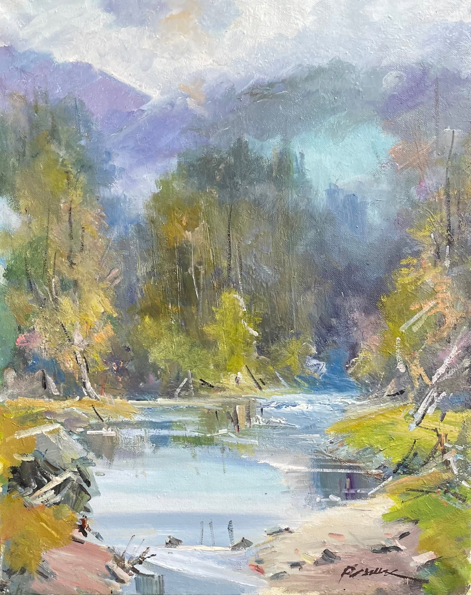 Oil painting Mountain's stream Ivan Romanyuk: Title: Oil painting Mountain's stream Ivan Romanyuk Description: 08ROM Painter: Ivan Romanyuk Size: 60x50 cm/23,6x19,6 inches Components: oil, canvas Original painting CONDITION: exellent ARTIST: