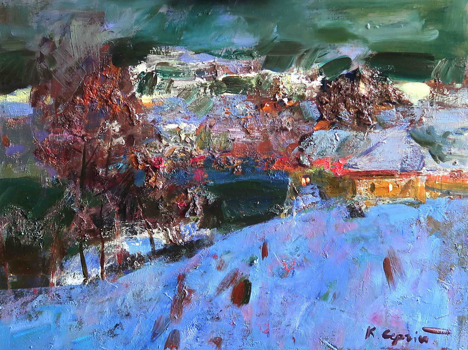 Oil painting Winter Serg Kovalenko: Title: Oil painting Winter Serg Kovalenko Description: 58SK Painter: Serg Kovalenko Size: 60x50cm/23.6x19.7 inches Components: oil, canvas Original painting CONDITION: exellent ERA: modern Graduated f