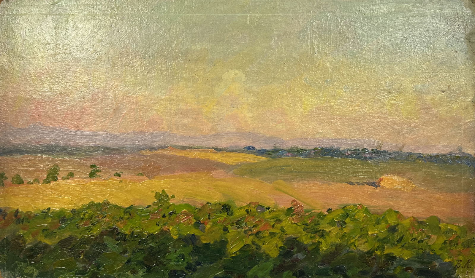 Oil painting Golden fields Krikhatsky: Title: Oil painting Golden fields Krikhatsky Description: 74Duk Painter: Krikhatsky Size: 17x28 cm/6,69x11,02 inches Components: Oil, cardboard Original painting from our collection ERA: Short informa