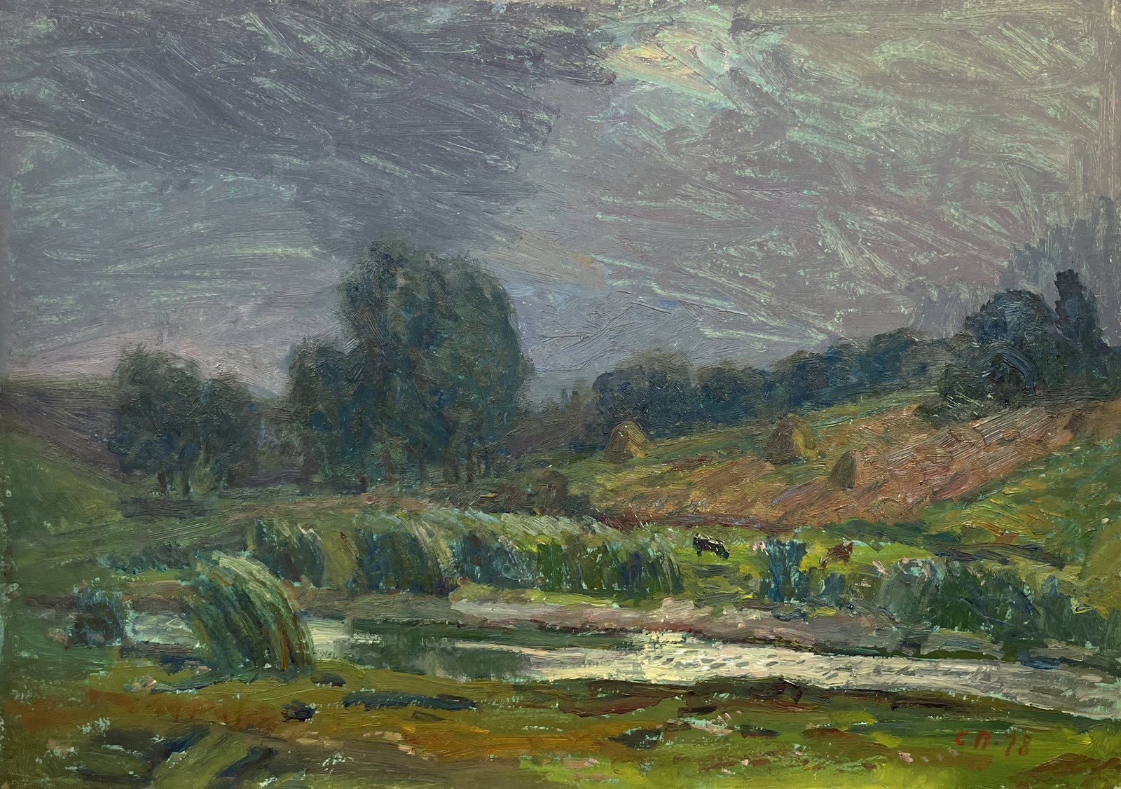 Oil painting Before the rain Petrashevsky S.: Title: Oil painting Before the rain Petrashevsky S. Description: 95Duk Painter: Petrashevsky S. Size: 50x70 cm/19,68x27,56 inches Components: oil, cardboard Original painting from our collection ERA:
