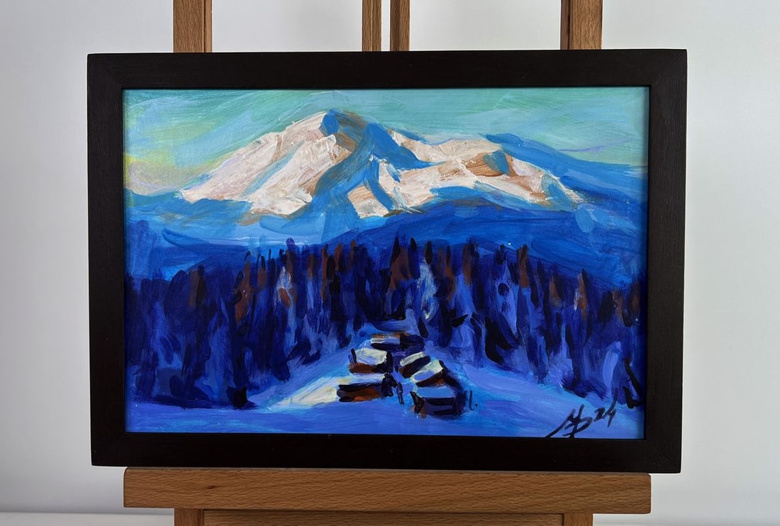 Acrylic painting Frosty evening in the mountains Mykhailo Patskan: Title: Acrylic painting Frosty evening in the mountains Mykhailo Patskan Description: NoAAA4827The acrylic painting on cardboard titled "Frosty Evening in the Mountains" captures the serene and