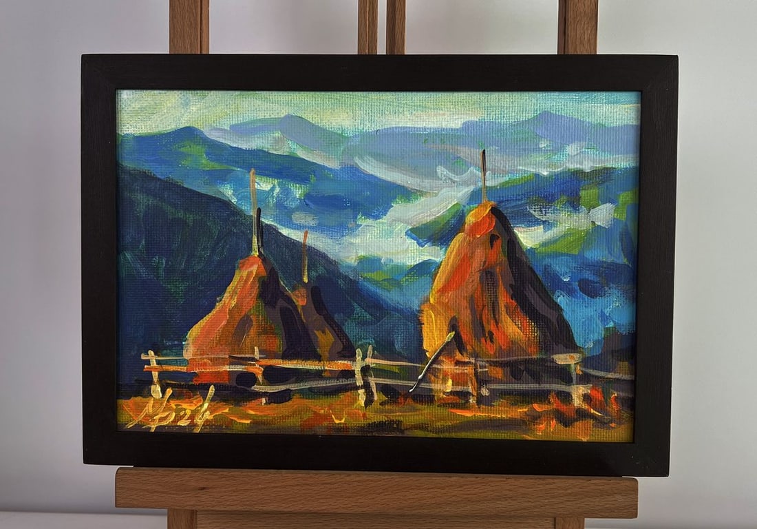 Acrylic painting Village life in the mountains Mykhailo Patskan: Title: Acrylic painting Village life in the mountains Mykhailo Patskan Description: NoAAA4864The acrylic painting on cardboard titled "Village Life in the Mountains" captures the tranquil yet resilien