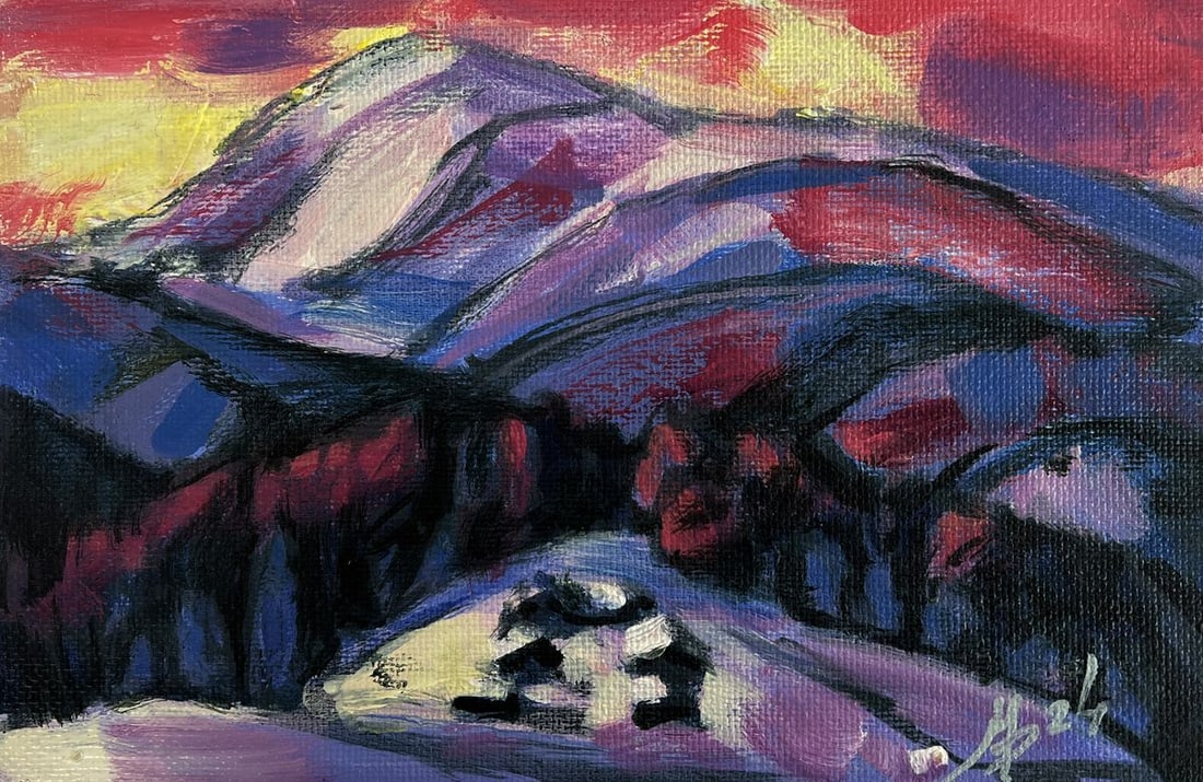 Acrylic painting Pink sunset behind the mountains Mykhailo Patskan - 3