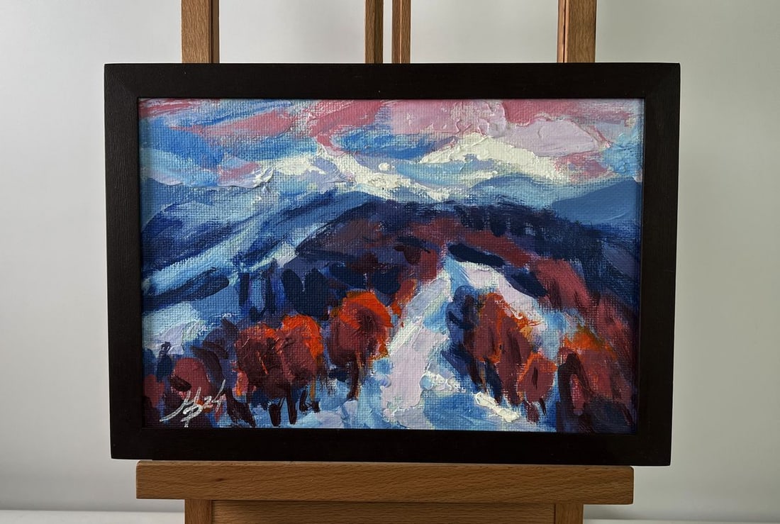 Acrylic painting Winter evening in the mountains Mykhailo Patskan: Title: Acrylic painting Winter evening in the mountains Mykhailo Patskan Description: NoAAA4927The acrylic painting on cardboard titled "Winter Evening in the Mountains" captures the silent splendor a