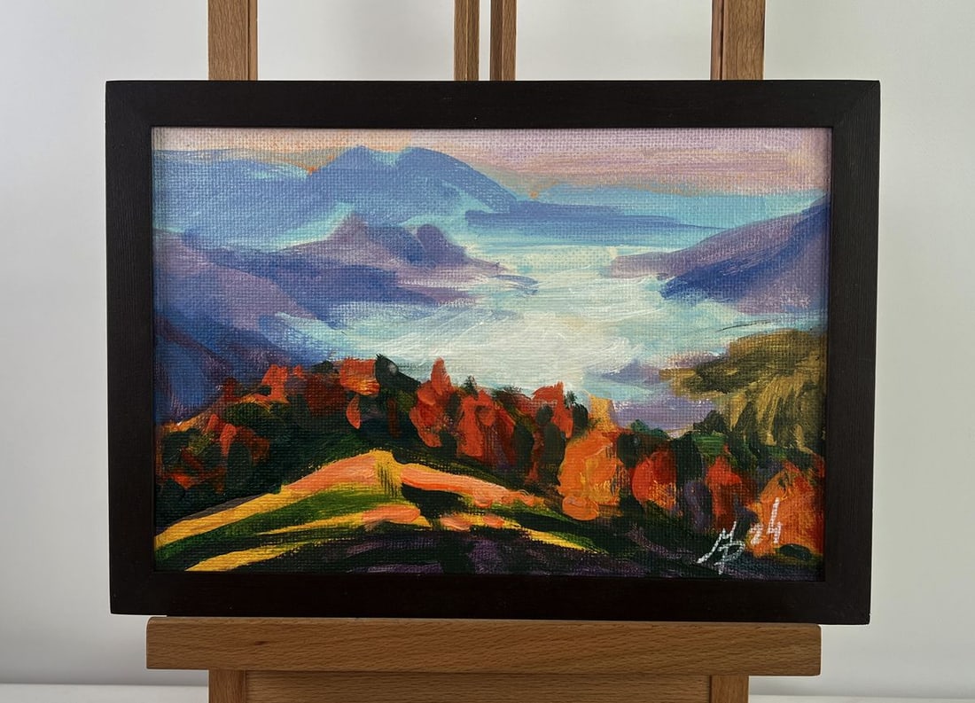 Acrylic painting Fog in the mountain valley Mykhailo Patskan: Title: Acrylic painting Fog in the mountain valley Mykhailo Patskan Description: NoAAA4938The acrylic painting on cardboard titled "Fog in the Mountain Valley" captures a breathtaking and almost mysti
