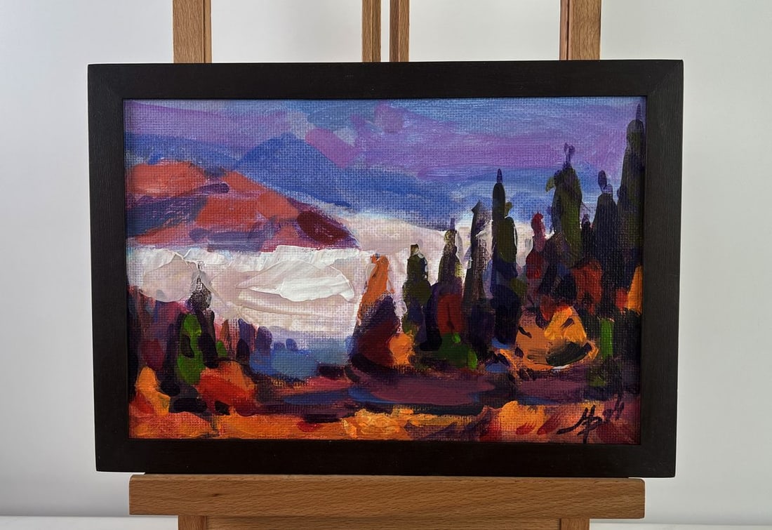 Acrylic painting Light fog in the mountain valley Mykhailo Patskan: Title: Acrylic painting Light fog in the mountain valley Mykhailo Patskan Description: NoAAA4941The acrylic painting on cardboard titled "Light Fog in the Mountain Valley" masterfully captures the qui