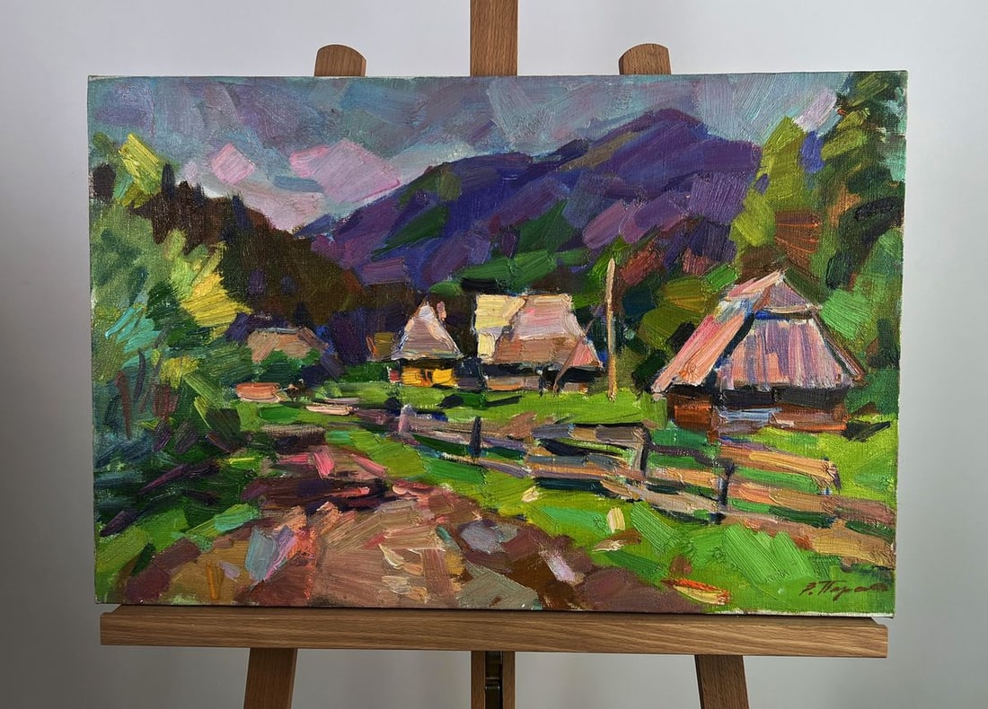 Oil painting Mountains above the village Vyacheslav Pereta: Title: Oil painting Mountains above the village Vyacheslav Pereta Description: NoAAA5161The oil painting on Canvas titled "Mountains above the Village" invites the viewer into a radiant and lyrical de