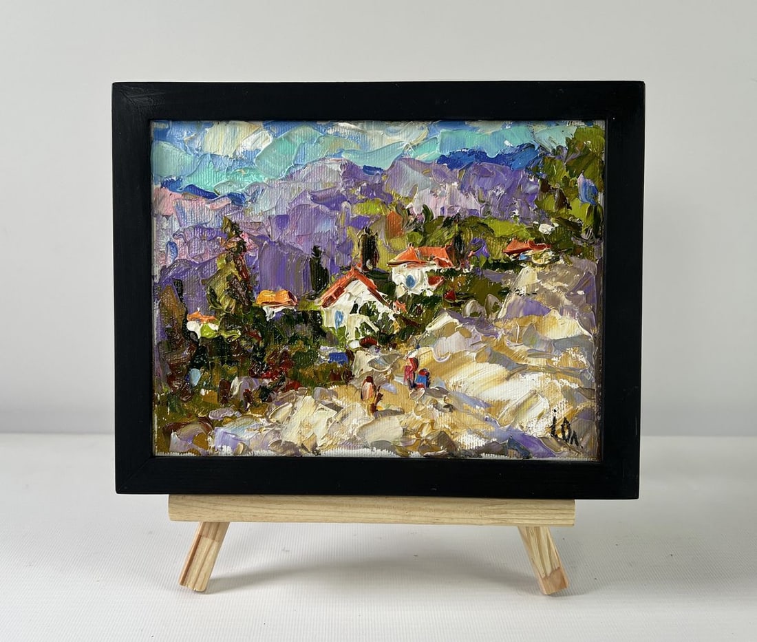Oil painting Village among the mountains Alex Kalenyuk: Title: Oil painting Village among the mountains Alex Kalenyuk Description: NoAAA5215The oil painting on Canvas titled "Village among the Mountains" captures a breathtaking vision of an idyllic hamlet