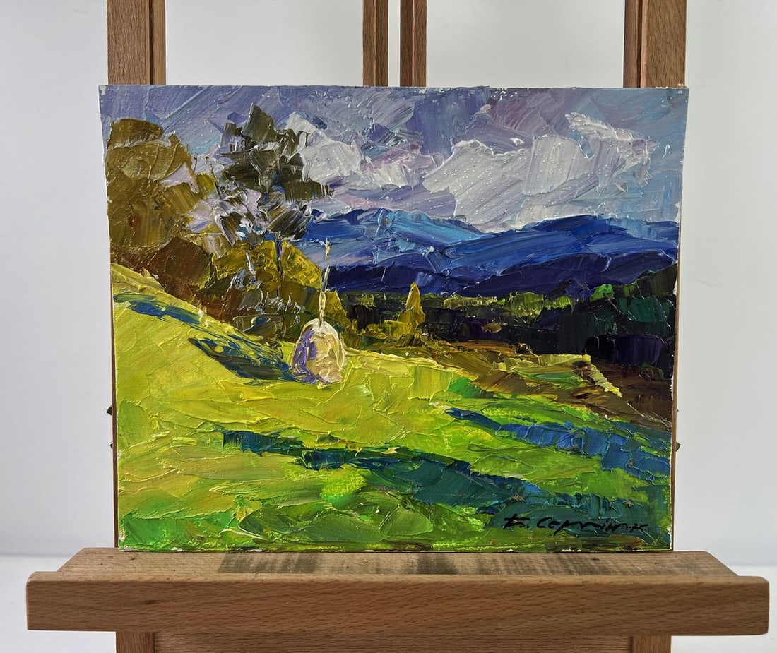 Oil painting Haystack in the mountains Boris Serdyuk: Title: Oil painting Haystack in the mountains Boris Serdyuk Description: NoAAA5331The oil painting on Cardboard titled "Haystack in the Mountains" masterfully captures a tranquil moment in a sunlit mo