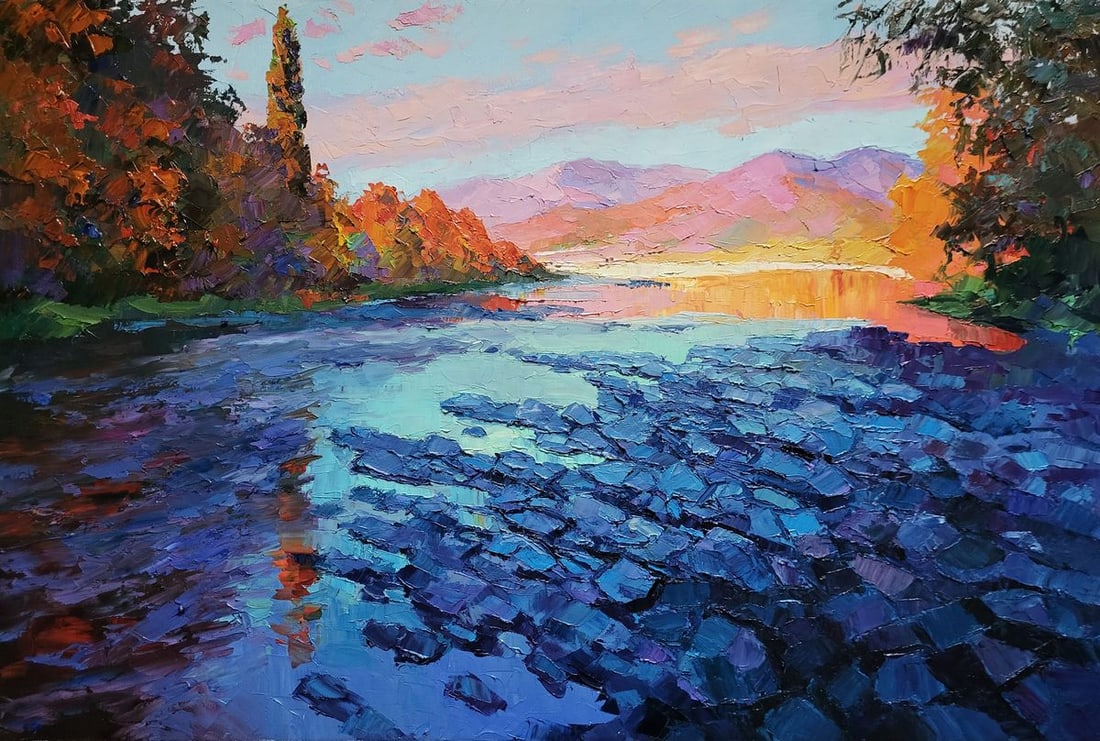 Oil painting A river in the mountains Boris Serdyuk: Title: Oil painting A river in the mountains Boris Serdyuk Description: NoSERB 1058"A River in the Mountains" is a vibrant oil painting that captures the dynamic interplay between water and light with