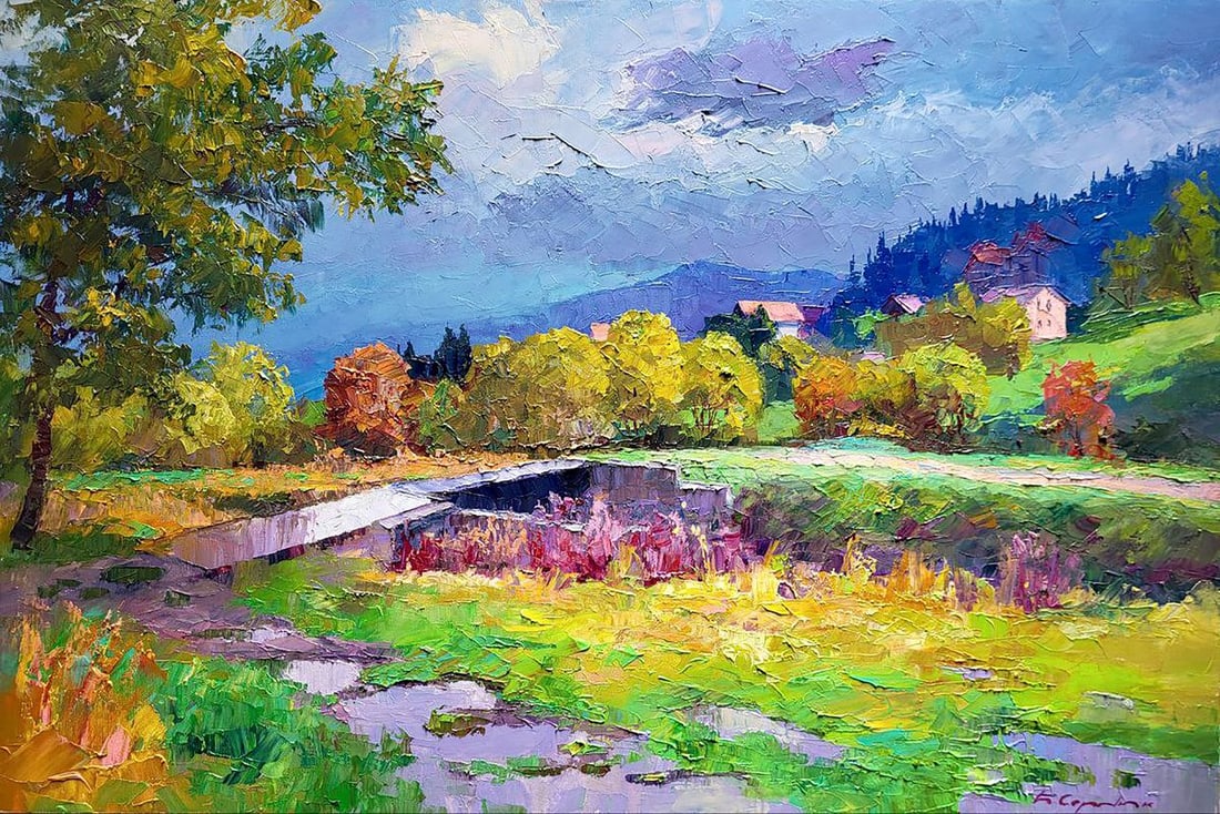 Oil painting After rain Boris Serdyuk: Title: Oil painting After rain Boris Serdyuk Description: NoSERB 1060"After Rain" is a lively and richly textured oil painting that captures the rejuvenating essence of a landscape freshly bathed in r