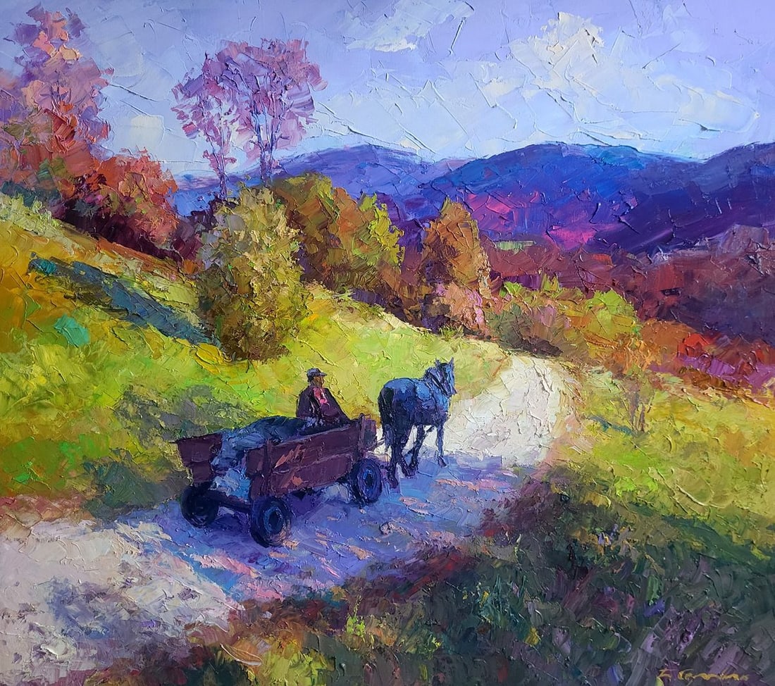 Oil painting Mountain road Boris Serdyuk: Title: Oil painting Mountain road Boris Serdyuk Description: NoSERB 1096The oil painting "Mountain Road" beautifully captures a peaceful rural scene in a mountainous landscape, where time seems to slo