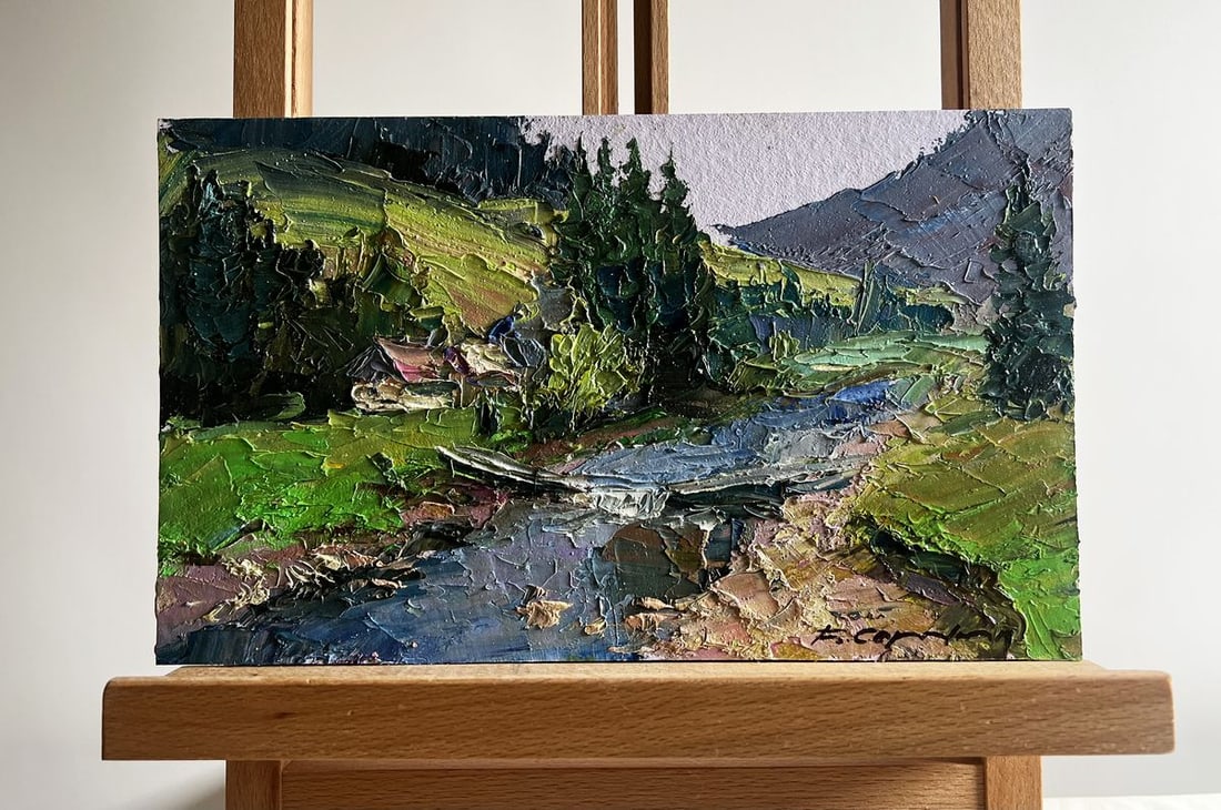 Oil painting Houses in the mountains Boris Serdyuk: Title: Oil painting Houses in the mountains Boris Serdyuk Description: NoAAA3738The oil painting on cardboard, titled "Houses in the Mountains", beautifully captures the serene atmosphere of a remote
