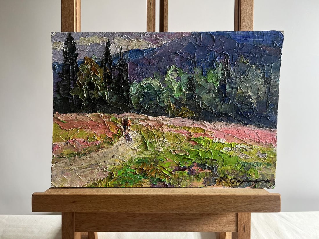 Oil painting Flowery mountain meadows Boris Serdyuk: Title: Oil painting Flowery mountain meadows Boris Serdyuk Description: NoAAA3741The oil painting on cardboard, titled "Flowery Mountain Meadows", captures the breathtaking beauty of an alpine landsca