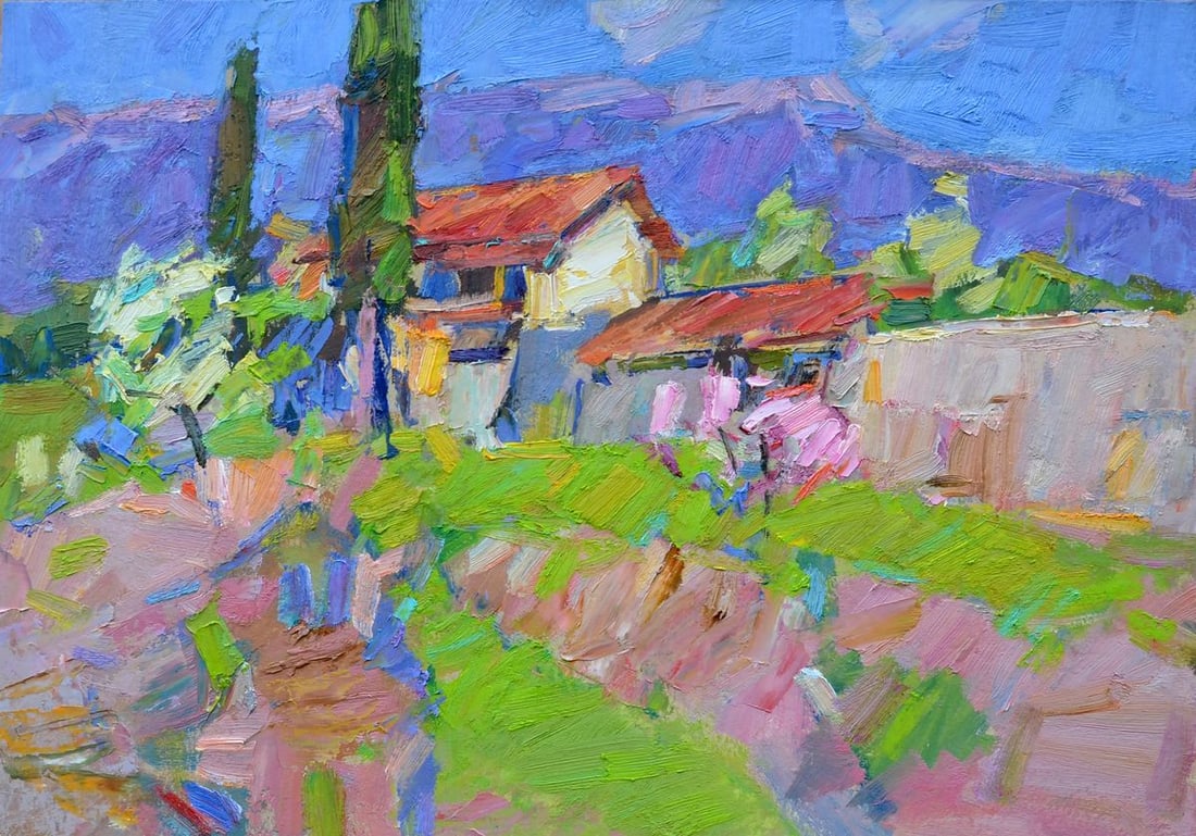 Oli painting Spring in the mountains Miacheslav Tepeta: Title: Oli painting Spring in the mountains Miacheslav Tepeta Description: NoTep 142"Spring in the Mountains" is an oil painting characterized by a vivid, textured portrayal of a mountain village awak
