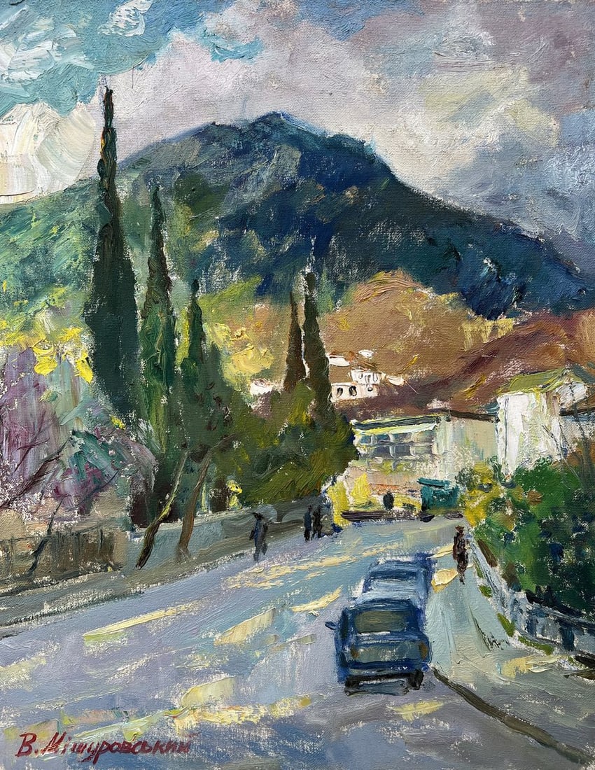 Oil painting January in the mountains V. Mishurovsky: Title: Oil painting January in the mountains V. Mishurovsky Description: No266In "January in the Mountains," Viktor Myshurovsky captures a serene and somewhat nostalgic scene of a quiet mountain villa