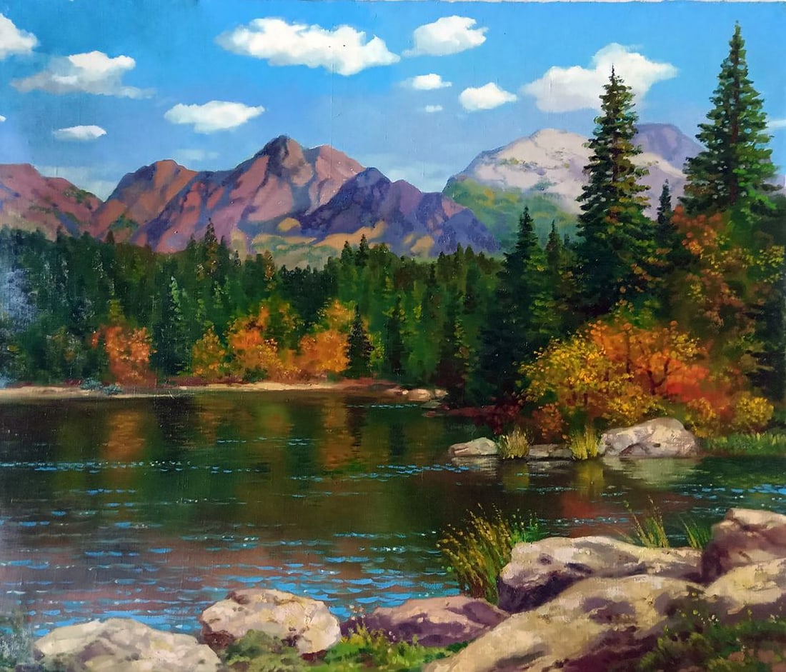 Oil painting Mountain Lake Anatoly Borisovich Tarabanov: Title: Oil painting Mountain Lake Anatoly Borisovich Tarabanov Description: NoTar 316"Mountain Lake" is a captivating oil painting that captures the essence of serene wilderness in a single frame. The