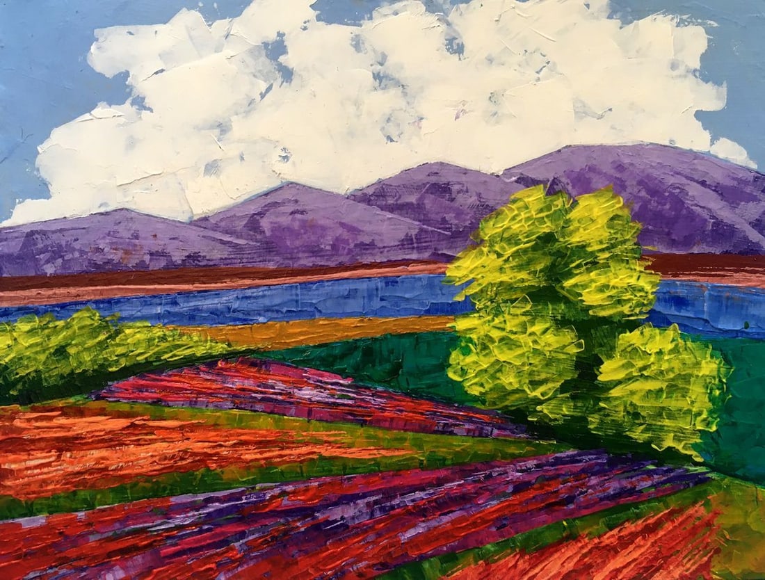 Oil painting Road to the mountains Zadorozhnya V. V.: Title: Oil painting Road to the mountains Zadorozhnya V. V. Description: NoAAA2643 The oil painting depicts a stunning landscape of majestic gray mountains that dominate the background of the composit