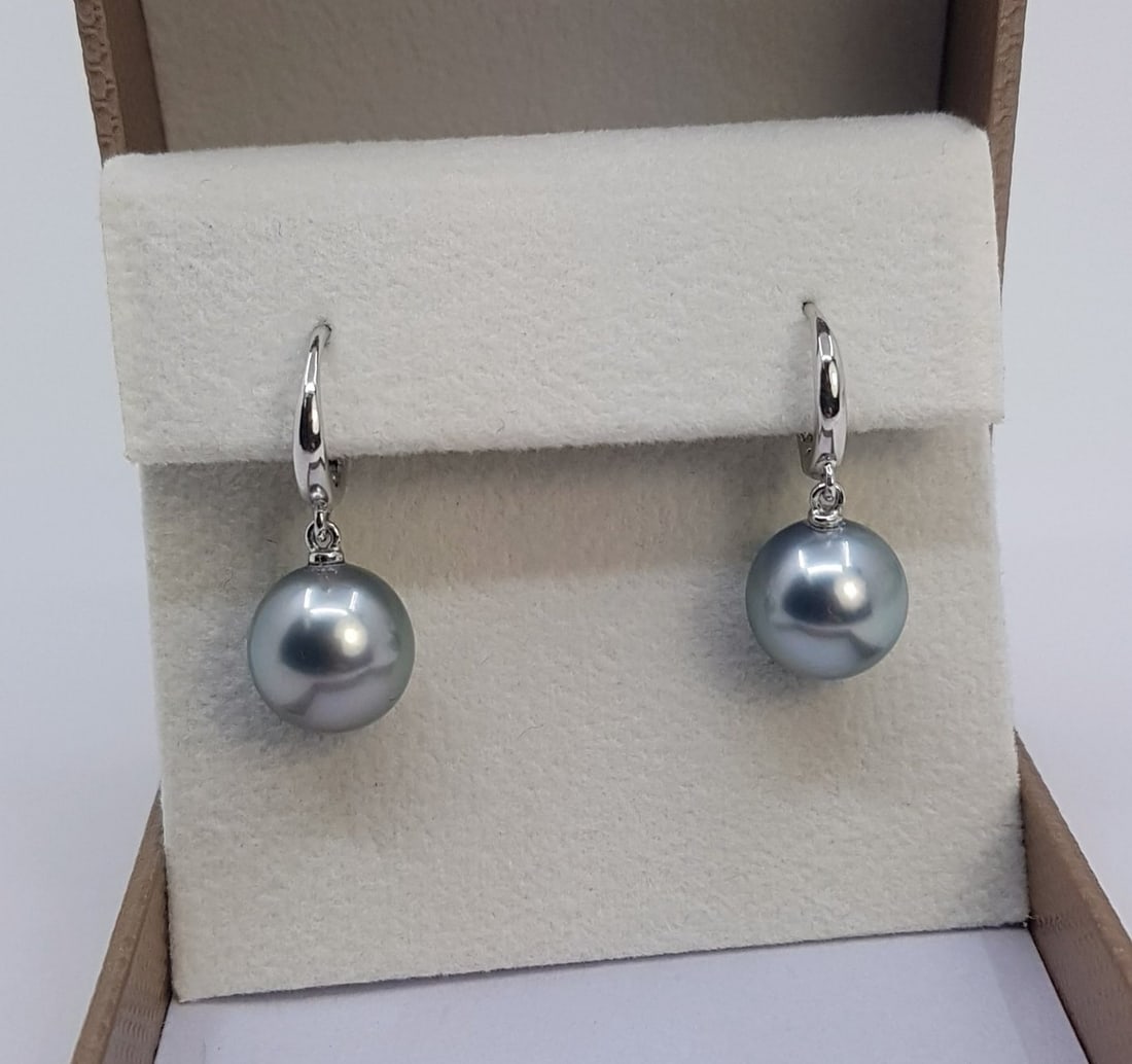10x11mm Silvery Tahitian Pearl Drops - Earrings - 14 kt. White gold - 2
