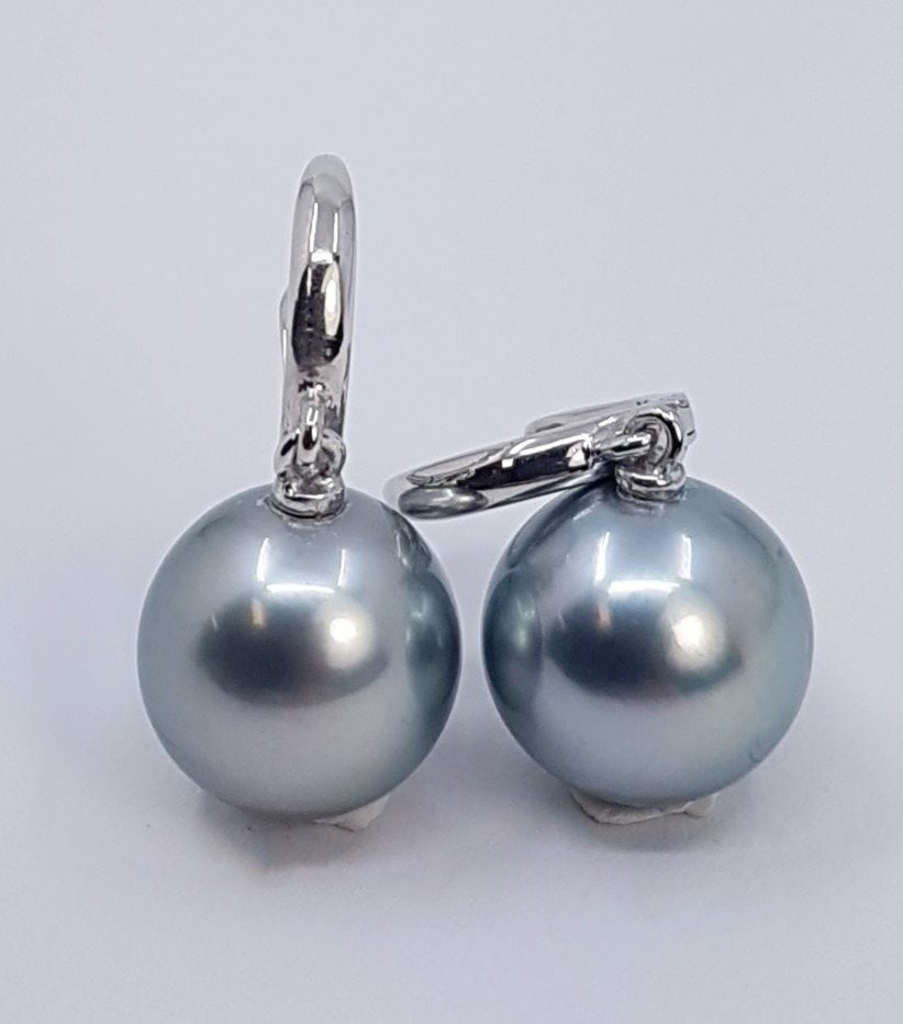 10x11mm Silvery Tahitian Pearl Drops - Earrings - 14 kt. White gold - 5