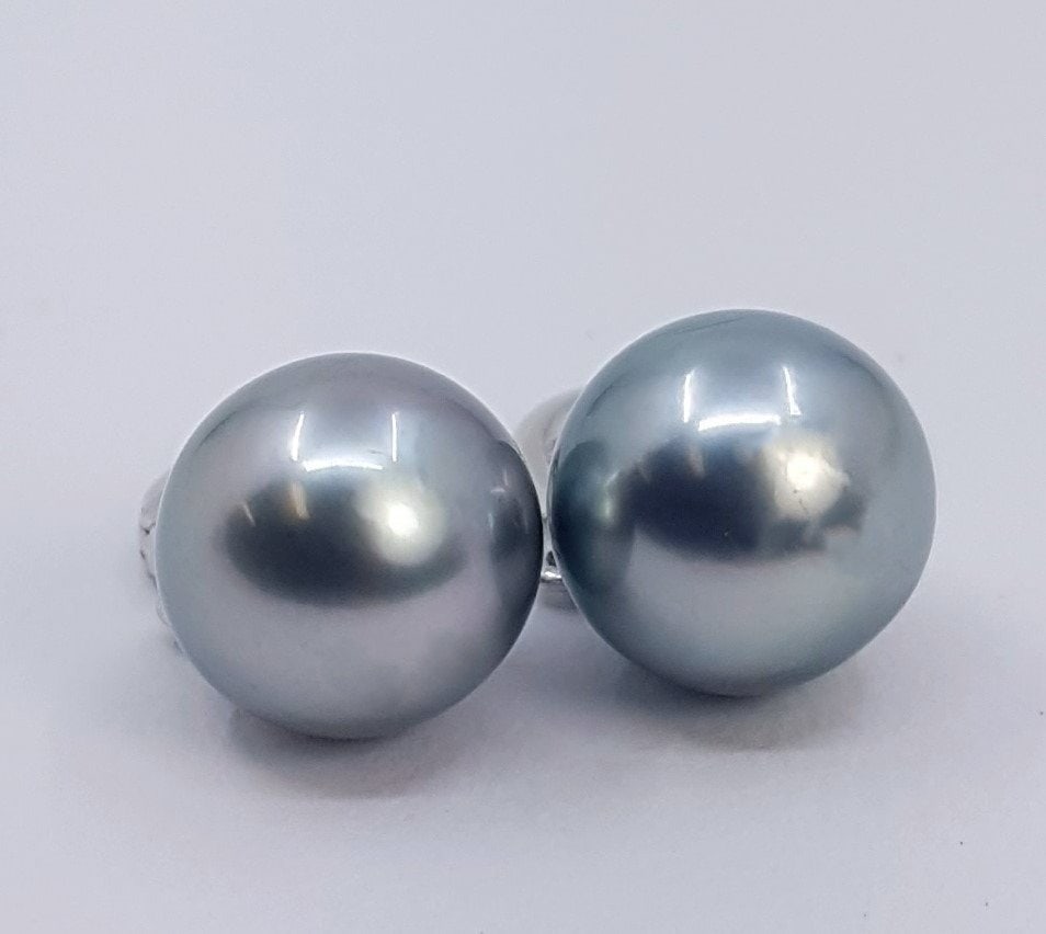10x11mm Silvery Tahitian Pearl Drops - Earrings - 14 kt. White gold - 7