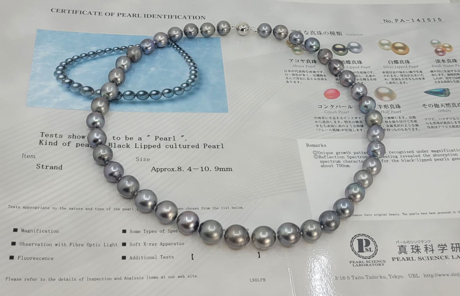 Necklace PSL Certified Tahitian Pearls - 8.4x10.9mm - 6