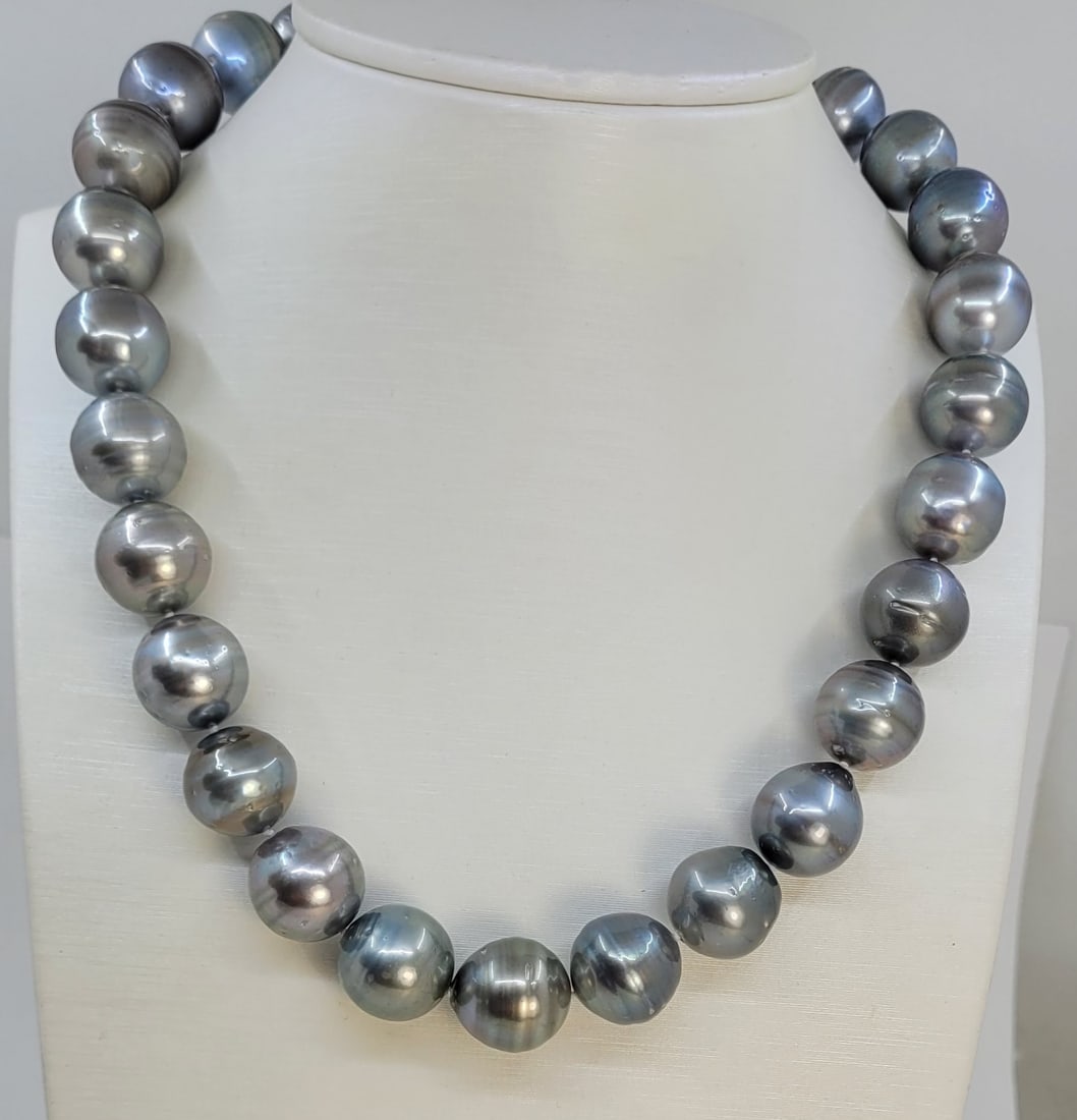 Necklace Silver, PSL Certified Dove Grey Tahitian Pearls - Huge Size - 15.0x15.9mm - 2