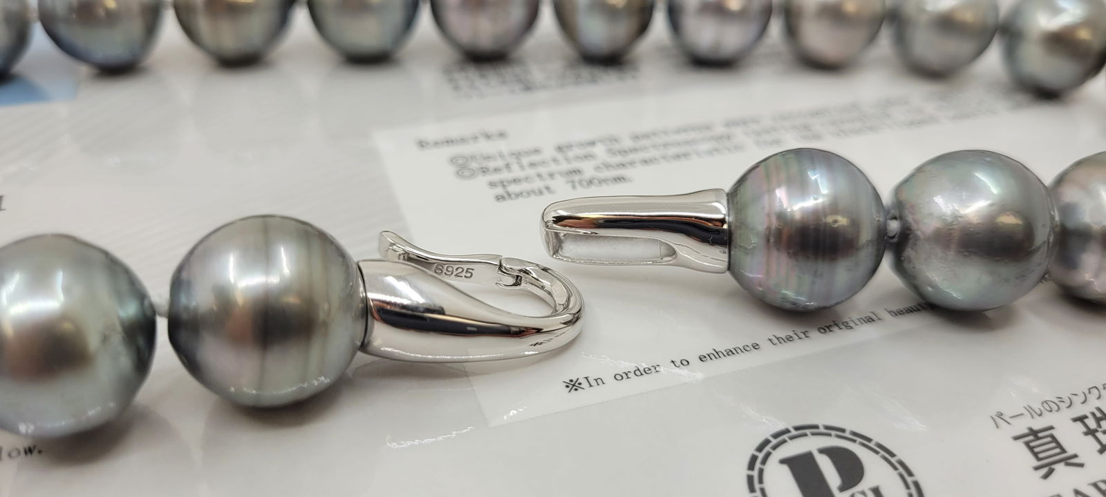 Necklace Silver, PSL Certified Dove Grey Tahitian Pearls - Huge Size - 15.0x15.9mm - 8